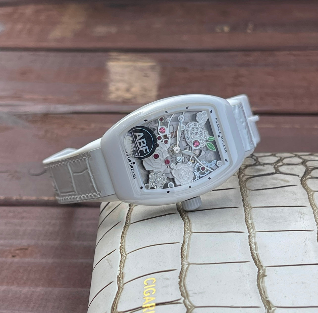 Franck Muller Vanguard 32mm Multicolor Flower Dial White Crocodial Leather