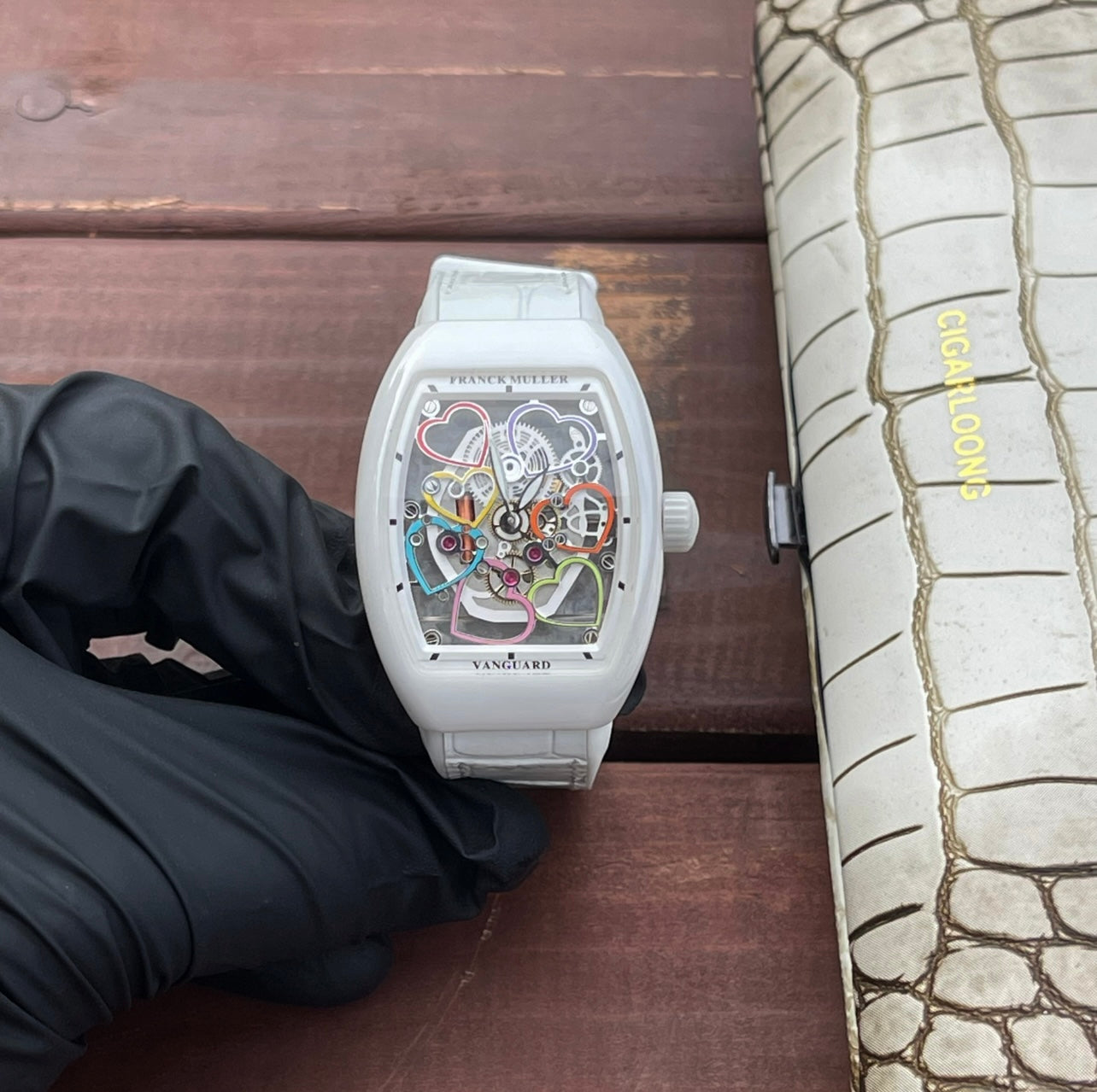 Franck Muller Vanguard 32mm Multicolor Flower Dial White Crocodial Leather