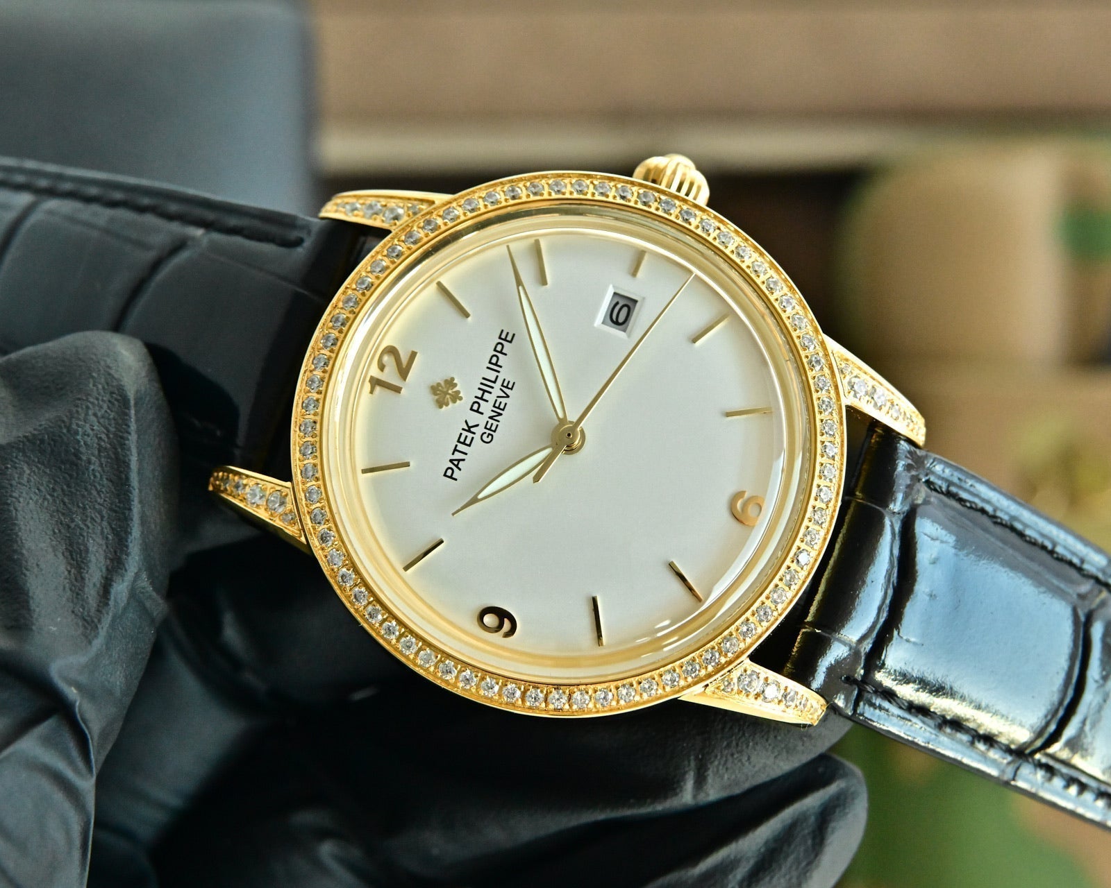 Patek Philippe Calatrava 40mm Diamond Benzel White Dial Black Strap