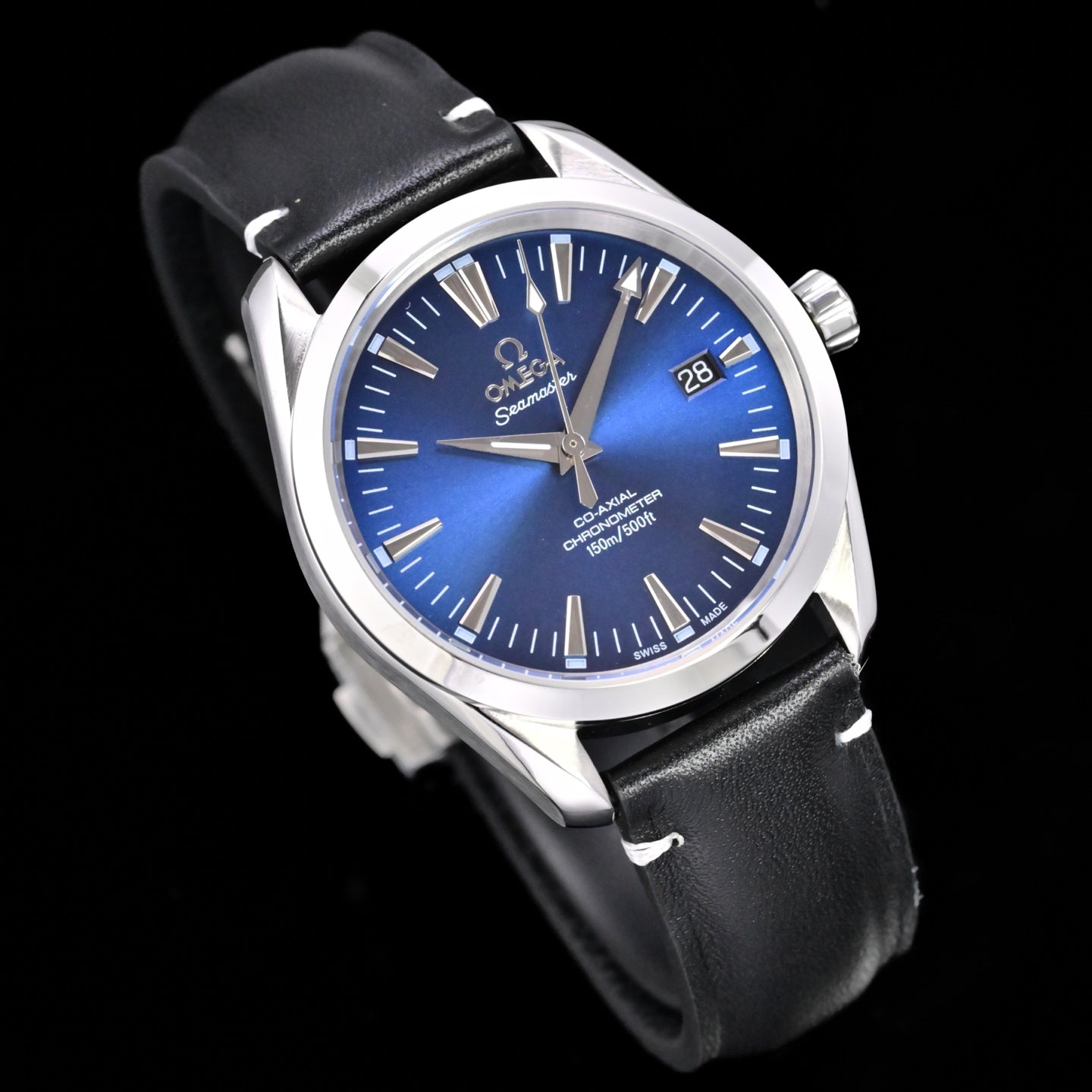 Omega Seamaster 150M Aqua Terra Observatory 39mm Blue Dial Black Leather Strap