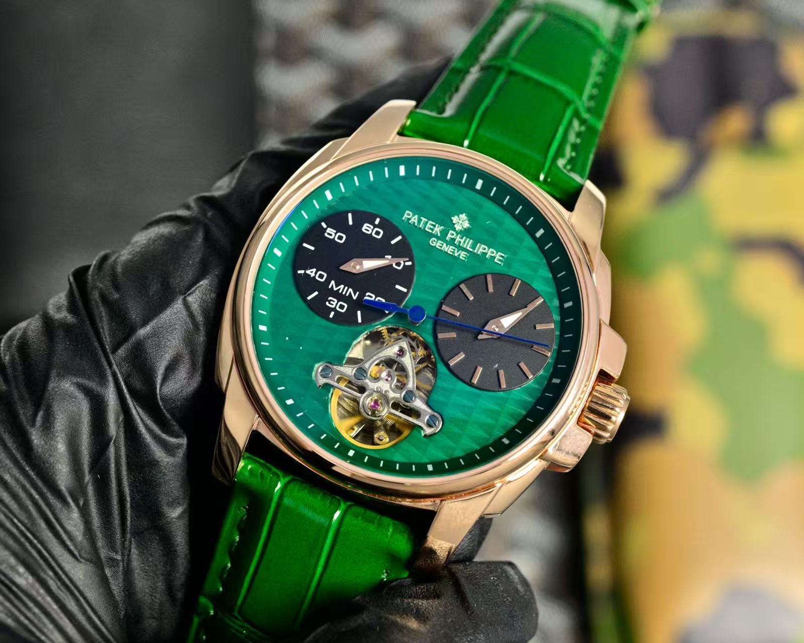Patek Philippe Double Tourbillon Green Dial 42mm Watch Rose Gold Case