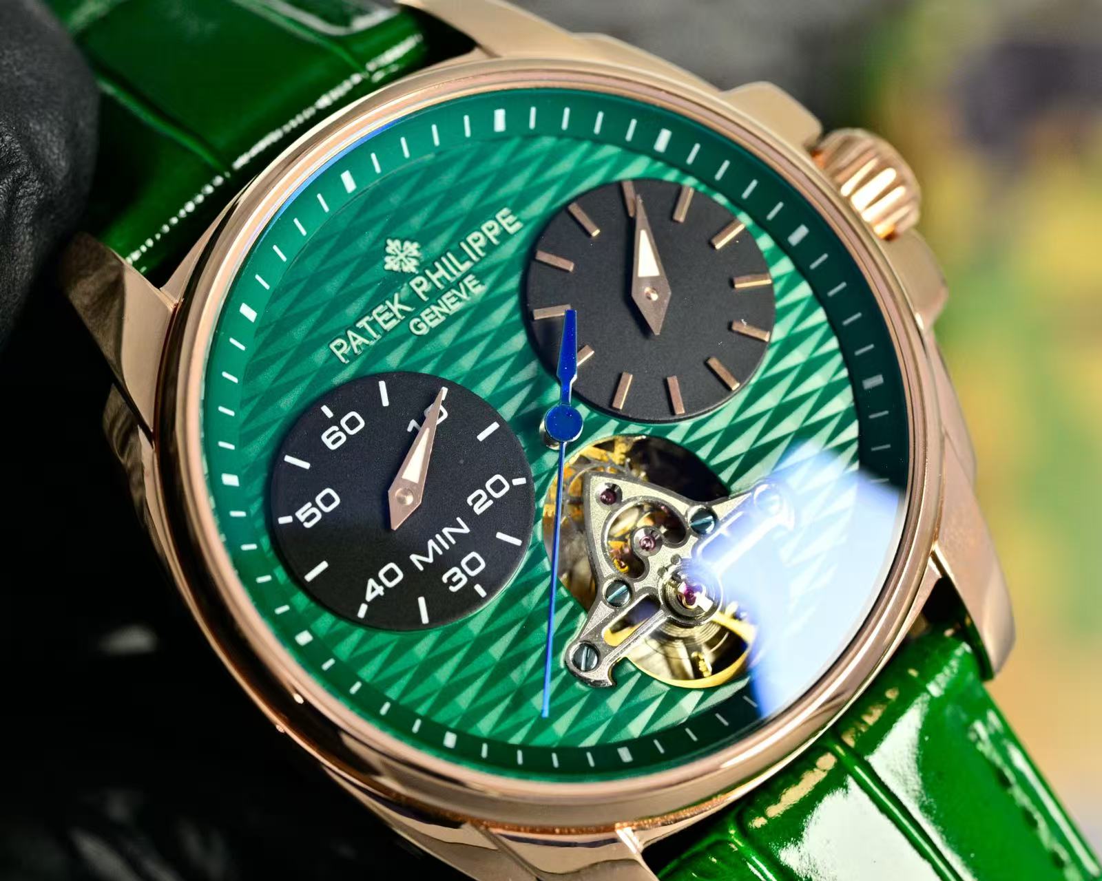 Patek Philippe Double Tourbillon Green Dial 42mm Watch Rose Gold Case