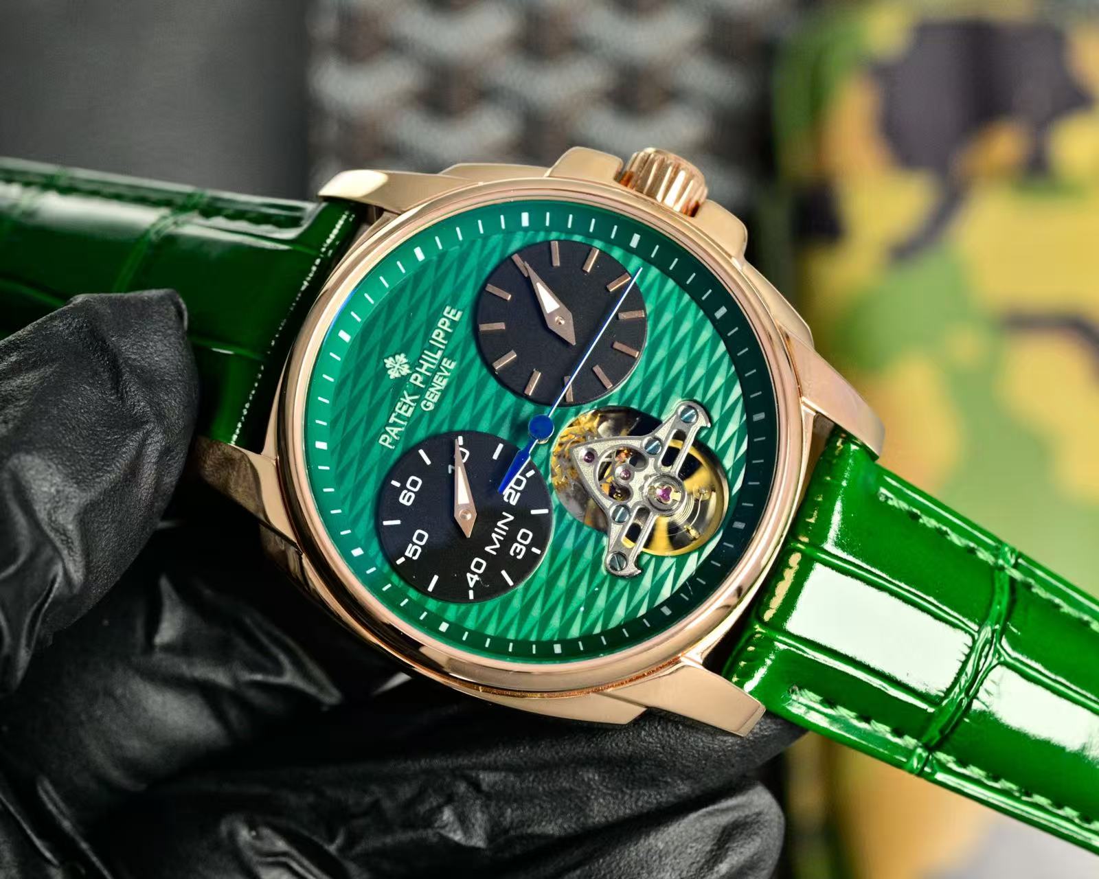 Patek Philippe Double Tourbillon Green Dial 42mm Watch Rose Gold Case