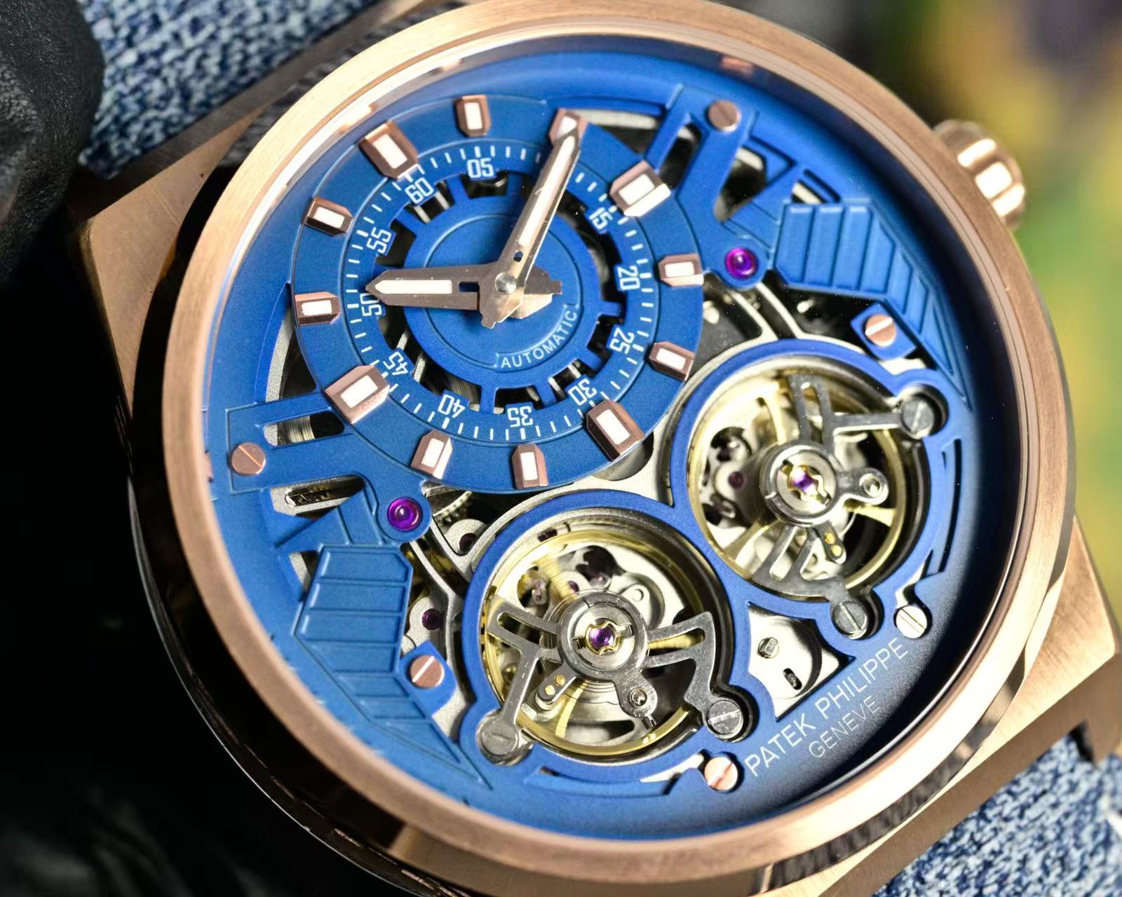 Patek Philippe Double Tourbillon Blue Skeleton Dial 44mm Watch Denim Strap