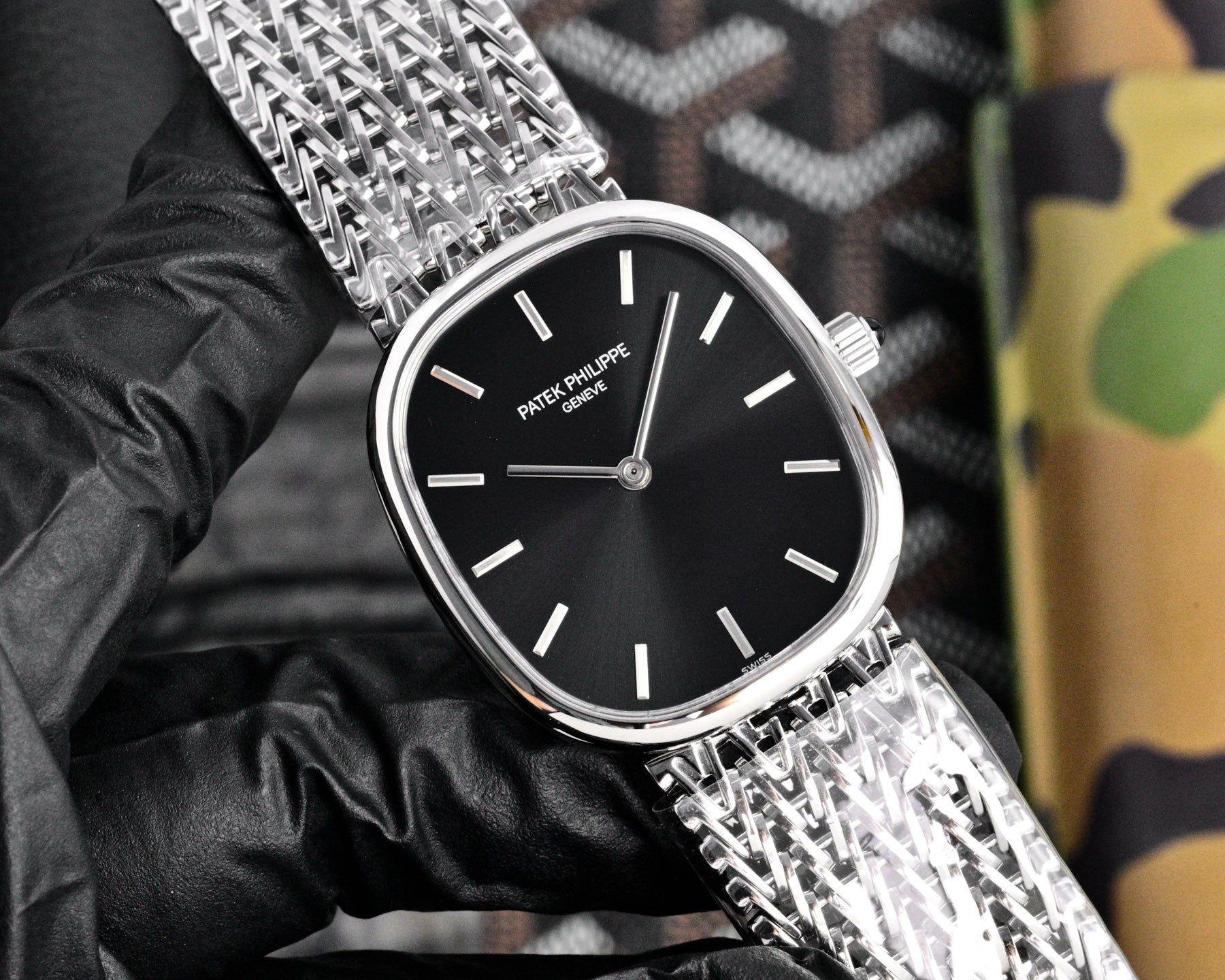 Patek Philippe Golden Ellipse 27mm Black Dial Steel Strap