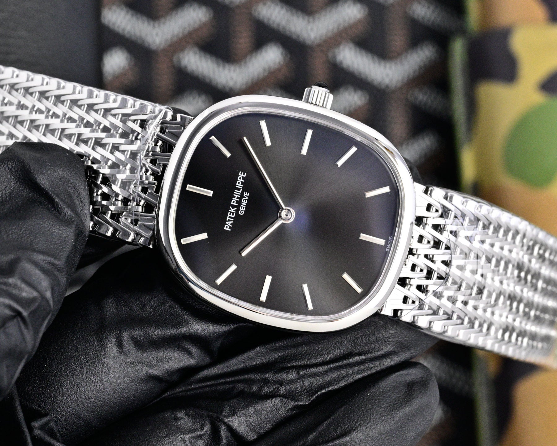 Patek Philippe Golden Ellipse 27mm Black Dial Steel Strap