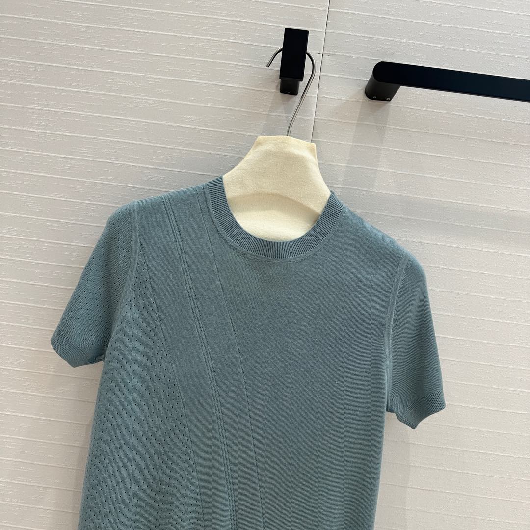 Hm 25  Hollow Knit Short-Sleeve Top Blue Green Tencel Cotton