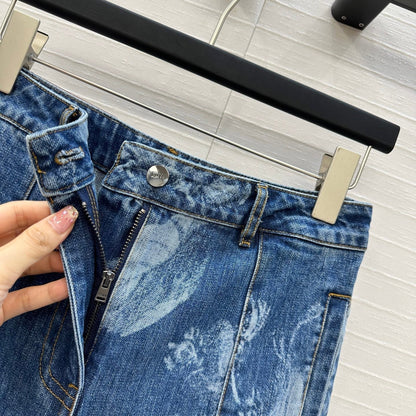 Fendi Flower Denim Straight Pants Blue Cotton
