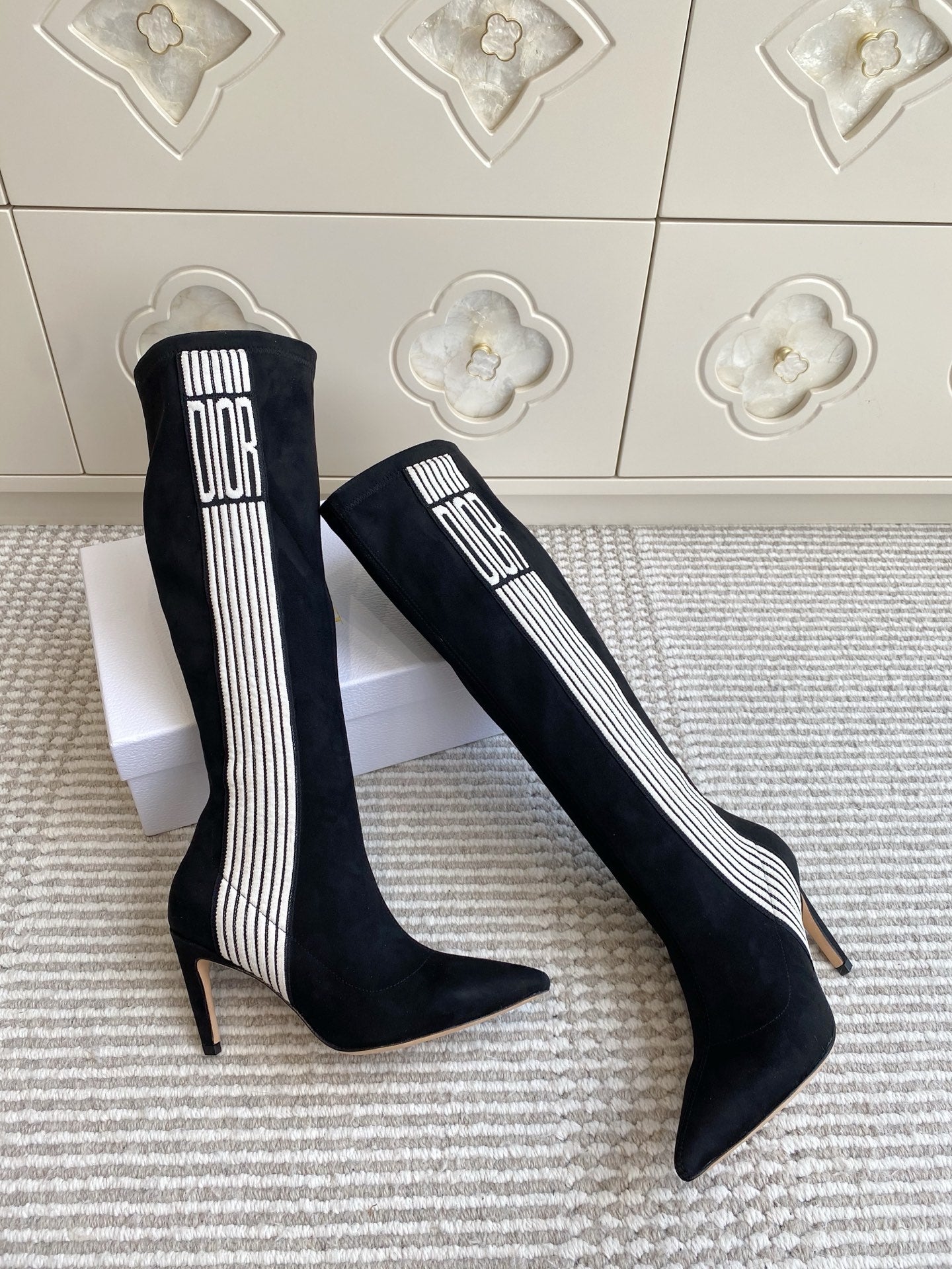 Dior 2025 Tribales Heeled Ankle High Boot 80mm Black White Suede 501198