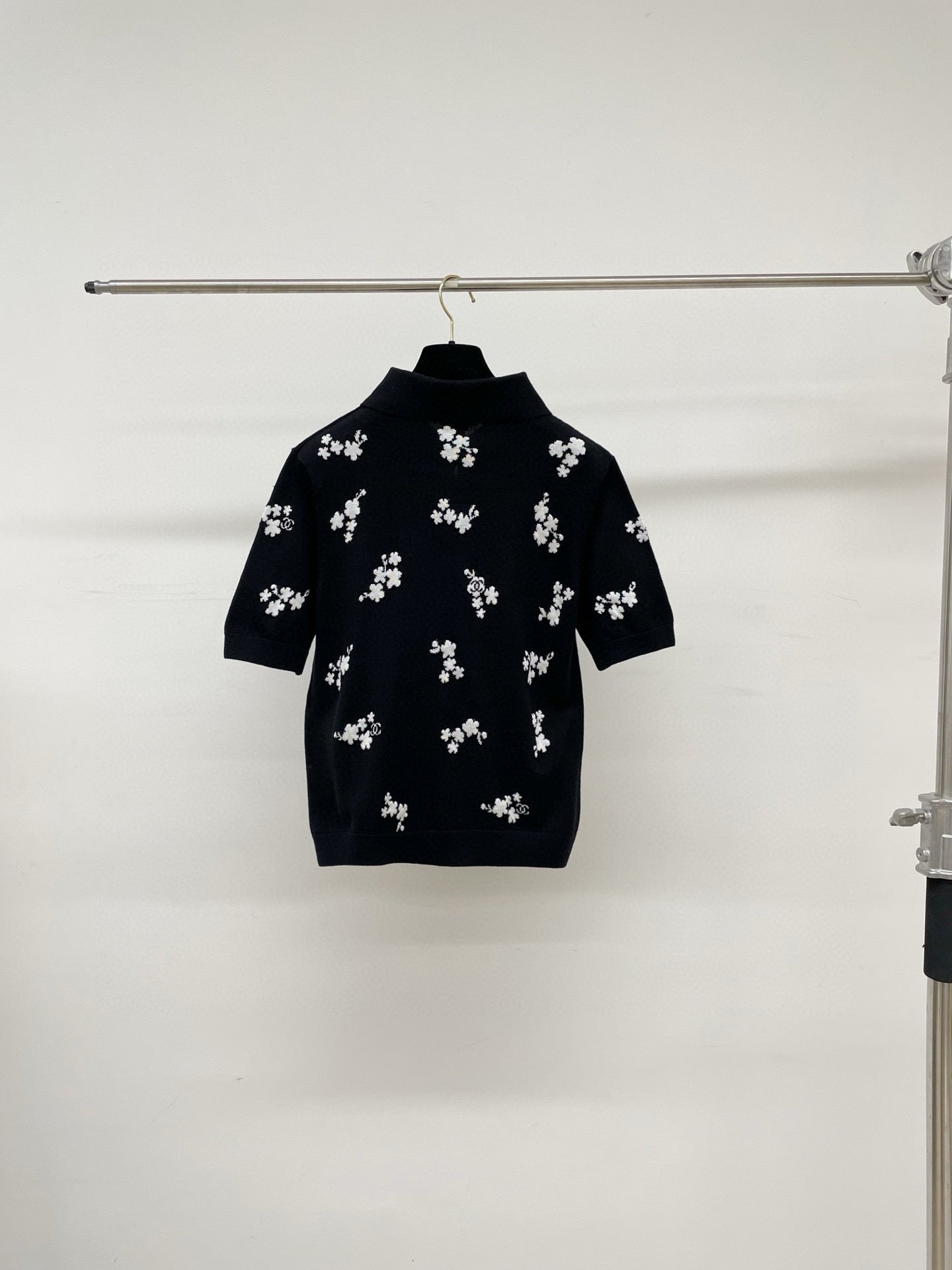 Chanel 2026 Floral Print Polo Shirt Black and White Cotton