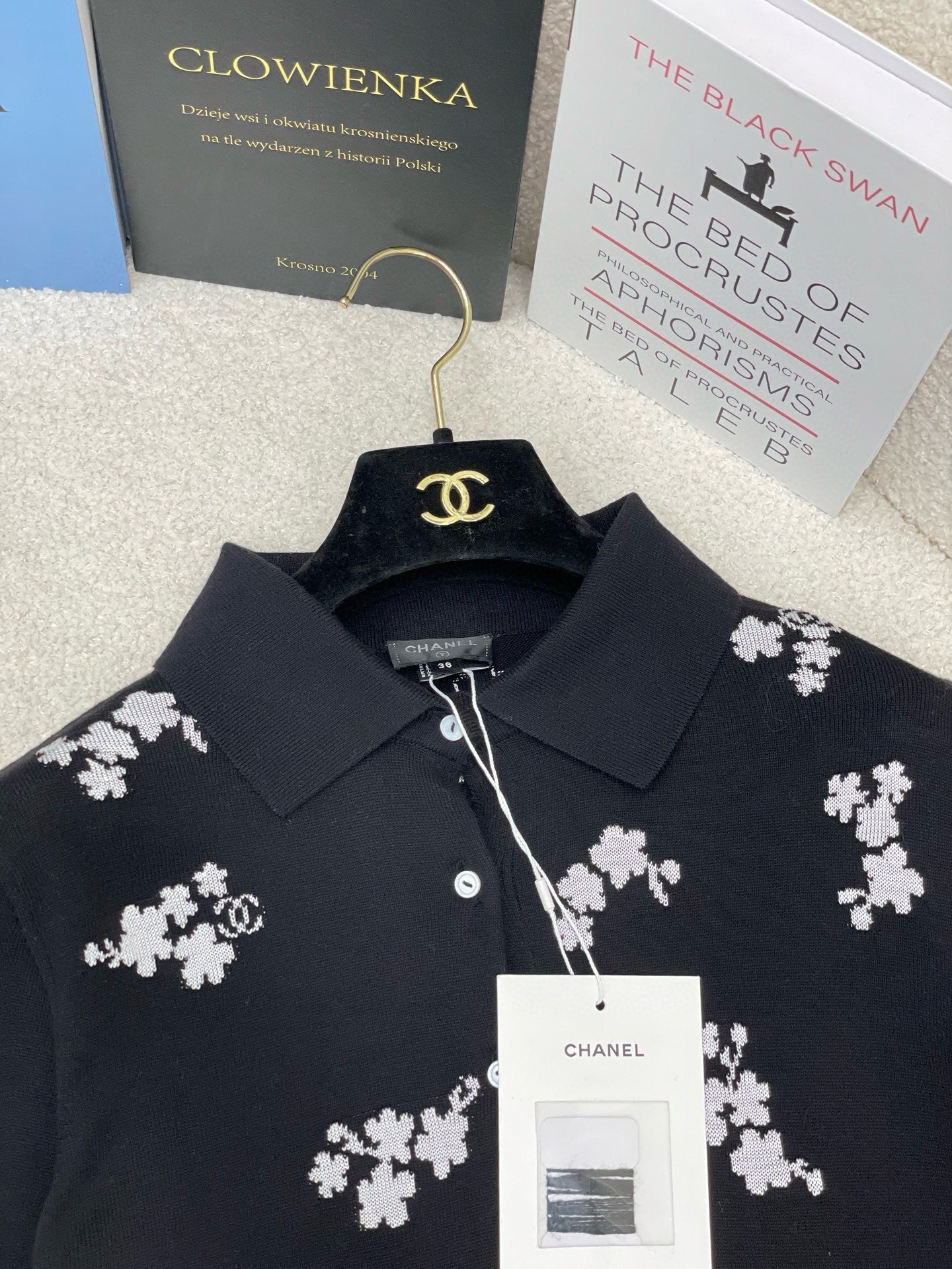 Chanel 2026 Floral Print Polo Shirt Black and White Cotton