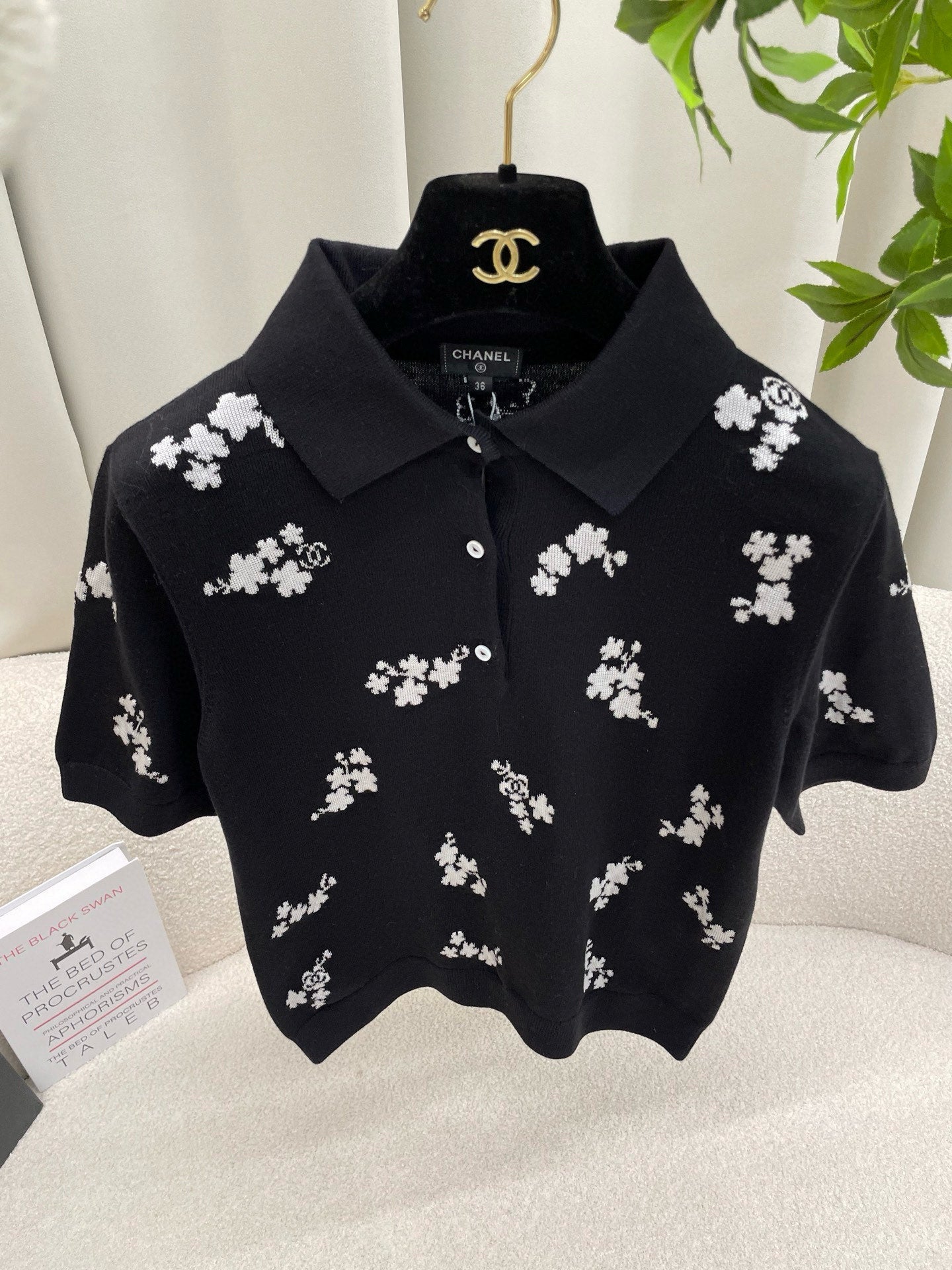Chanel 2026 Floral Print Polo Shirt Black and White Cotton