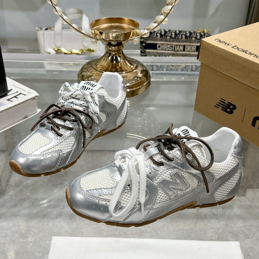 Miu Miu Pre-Owned x New Balance 550 Sneakers Silver White Cowhide Mesh 155323