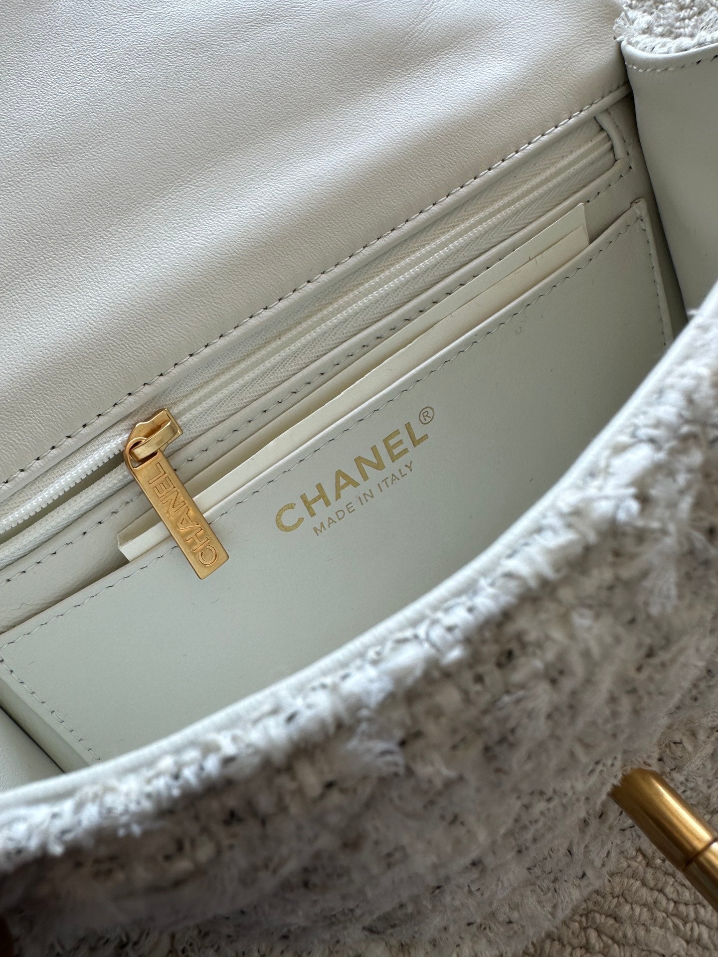 Chanel 2026 Flap Bag White Tweed Leather