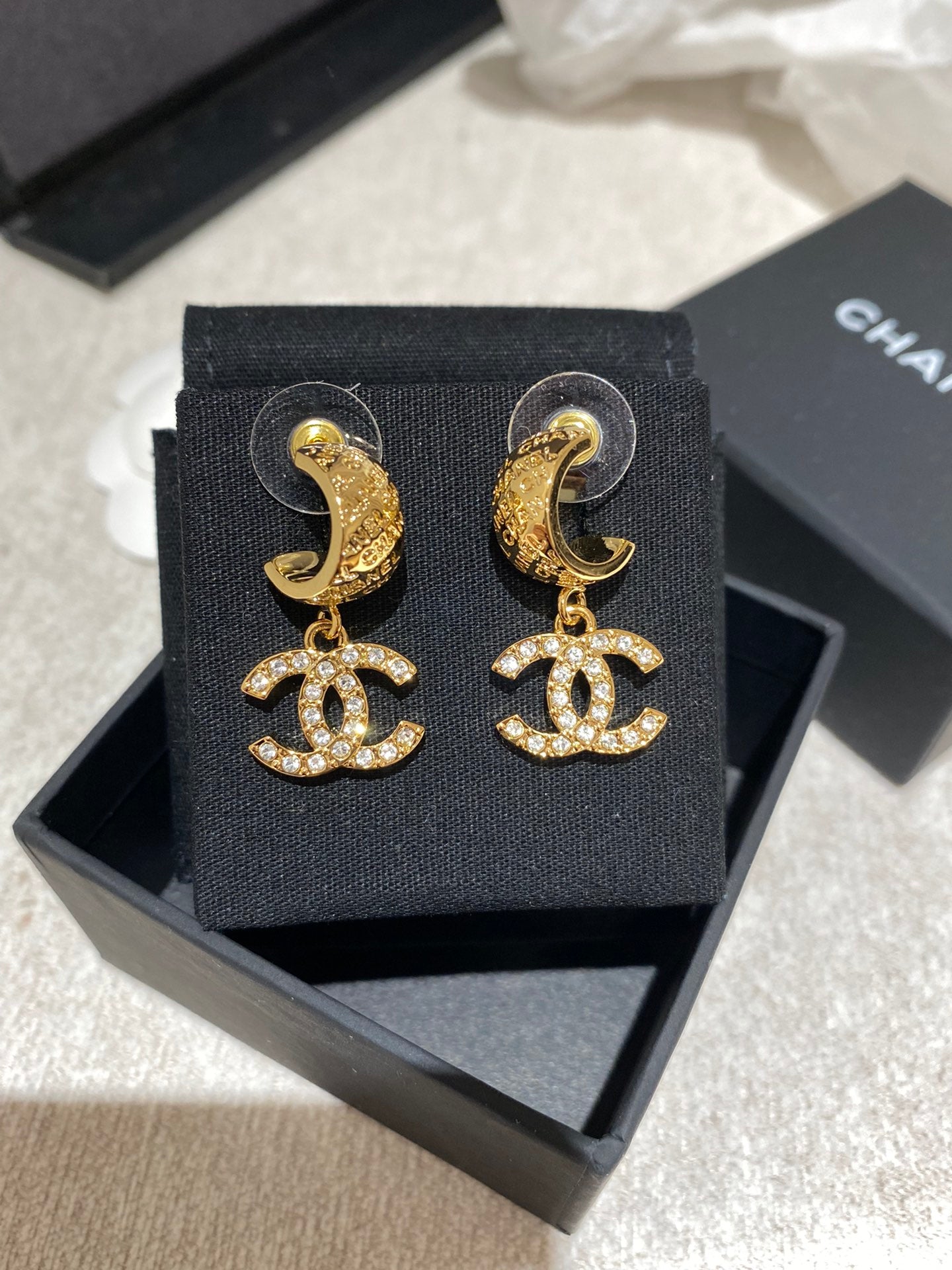 CC Letter Hook Gold Diamond Earrings