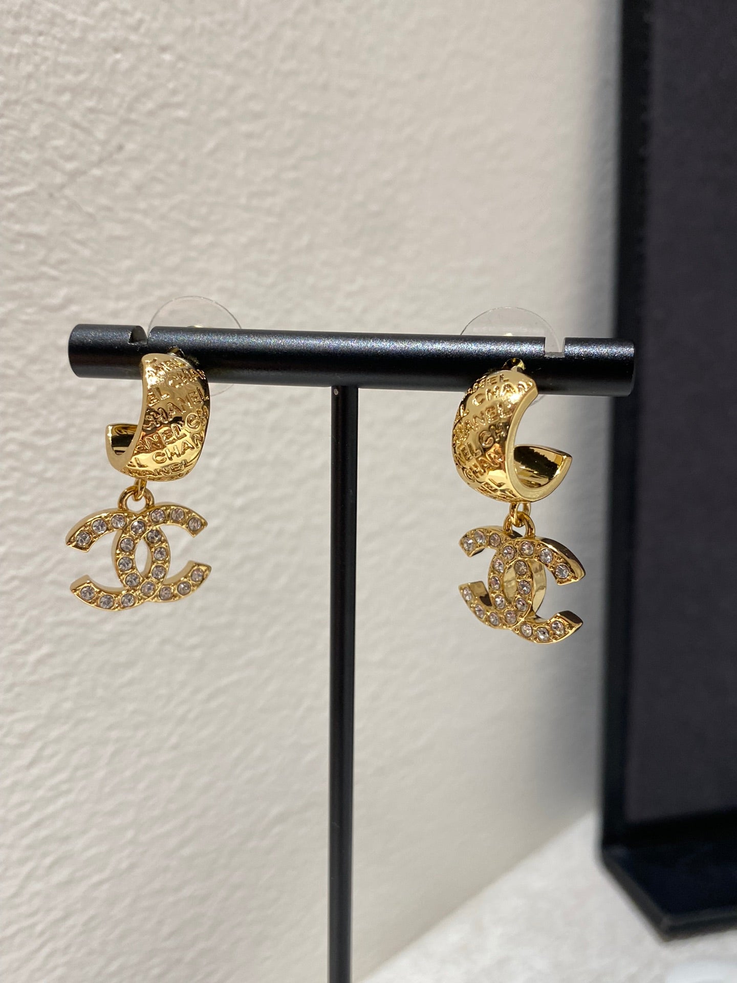 CC Letter Hook Gold Diamond Earrings