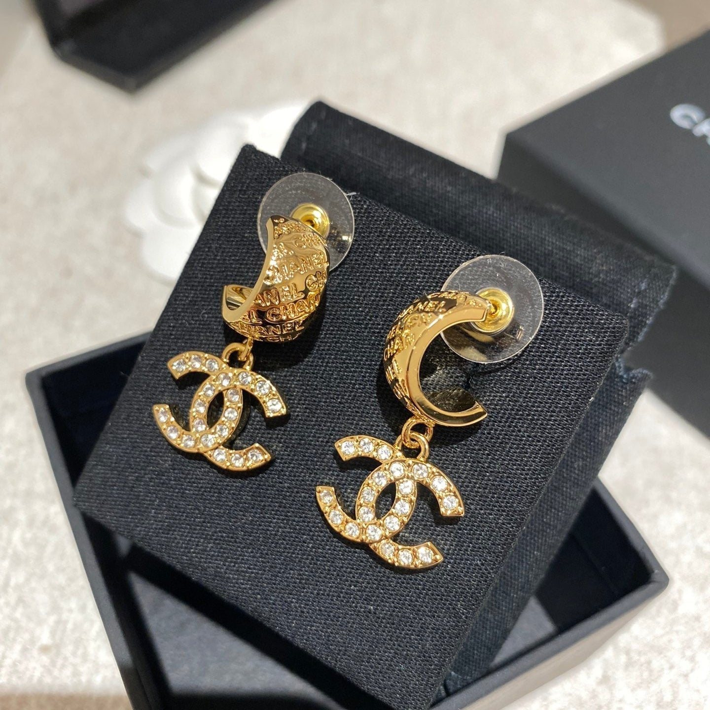CC Letter Hook Gold Diamond Earrings