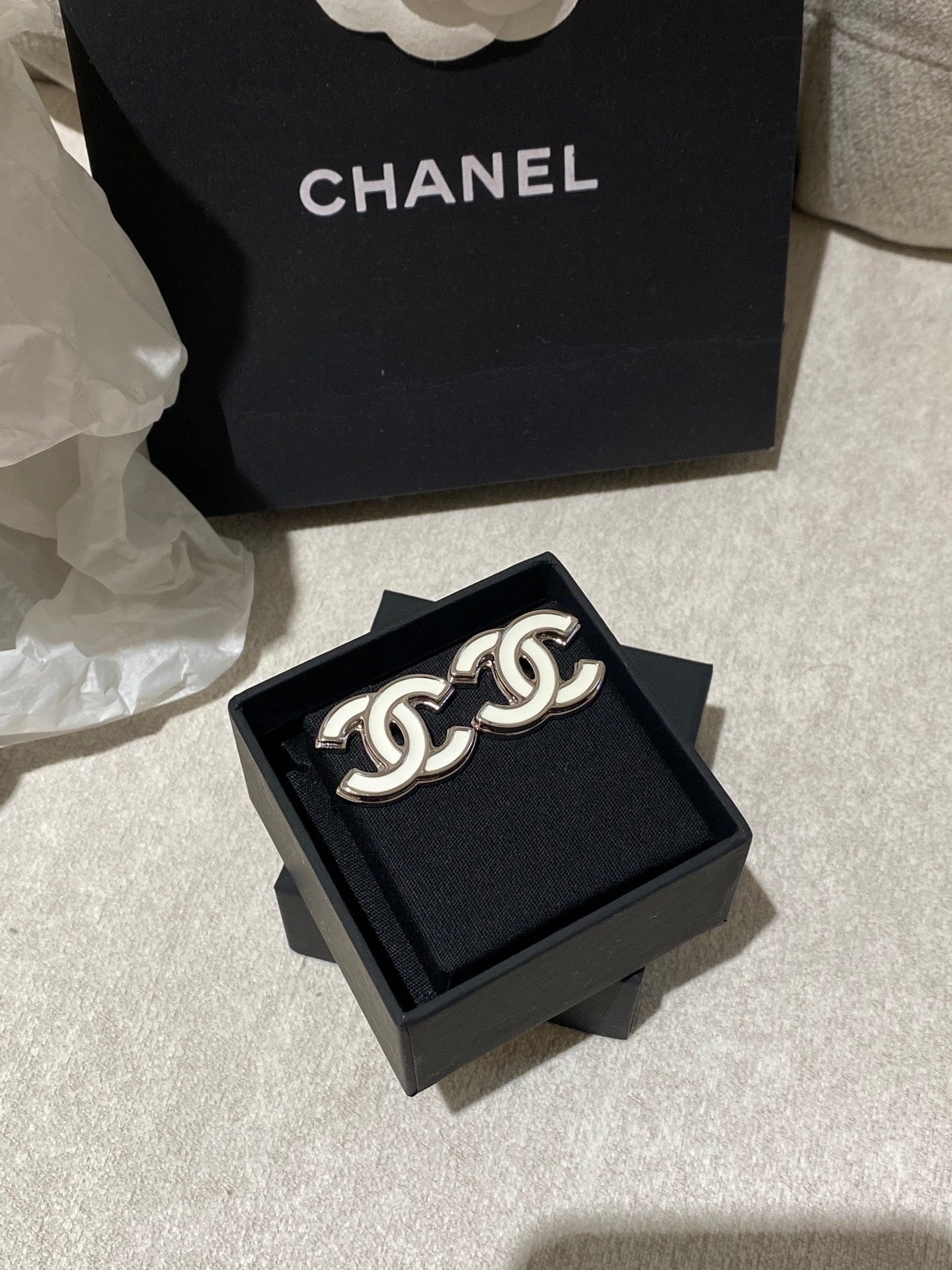 Chanel White Enamel CC Stud Earrings With Silver-tone Trim
