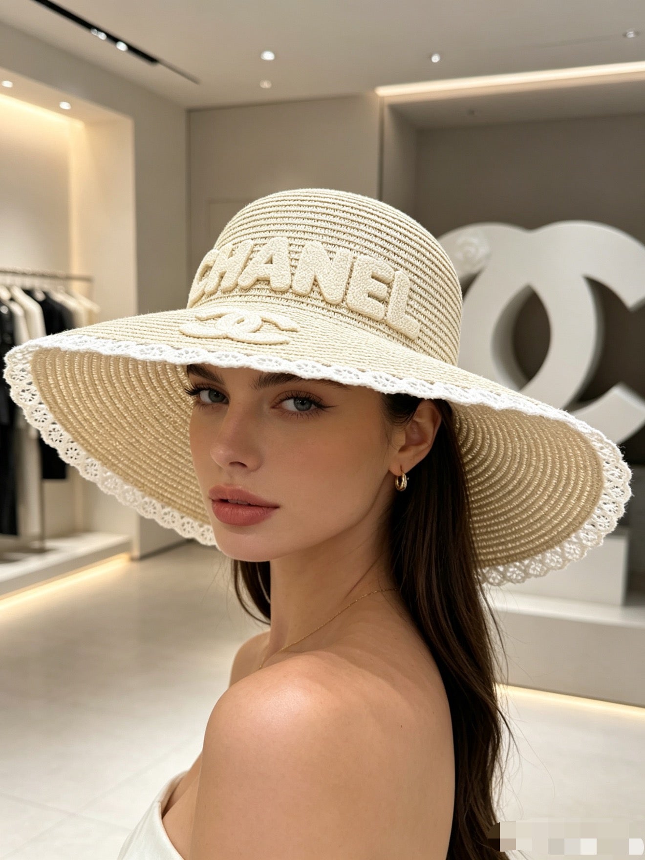 Chanel Round Top Straw Hat with Wide Brim 280798