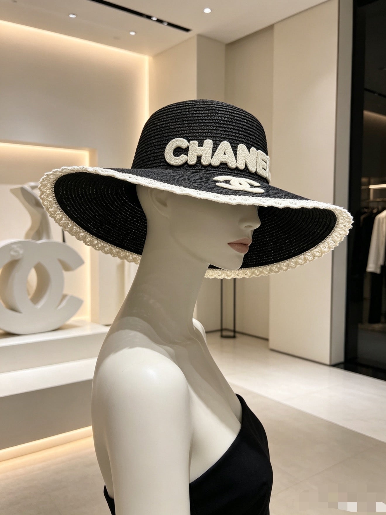 Chanel Round Top Straw Hat with Wide Brim 280798