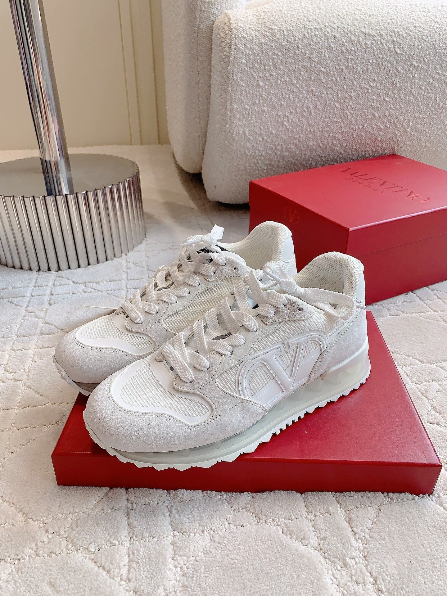 Valentino Netrunner In White Mix Light Grey Suede And Mesh Fabric 812479