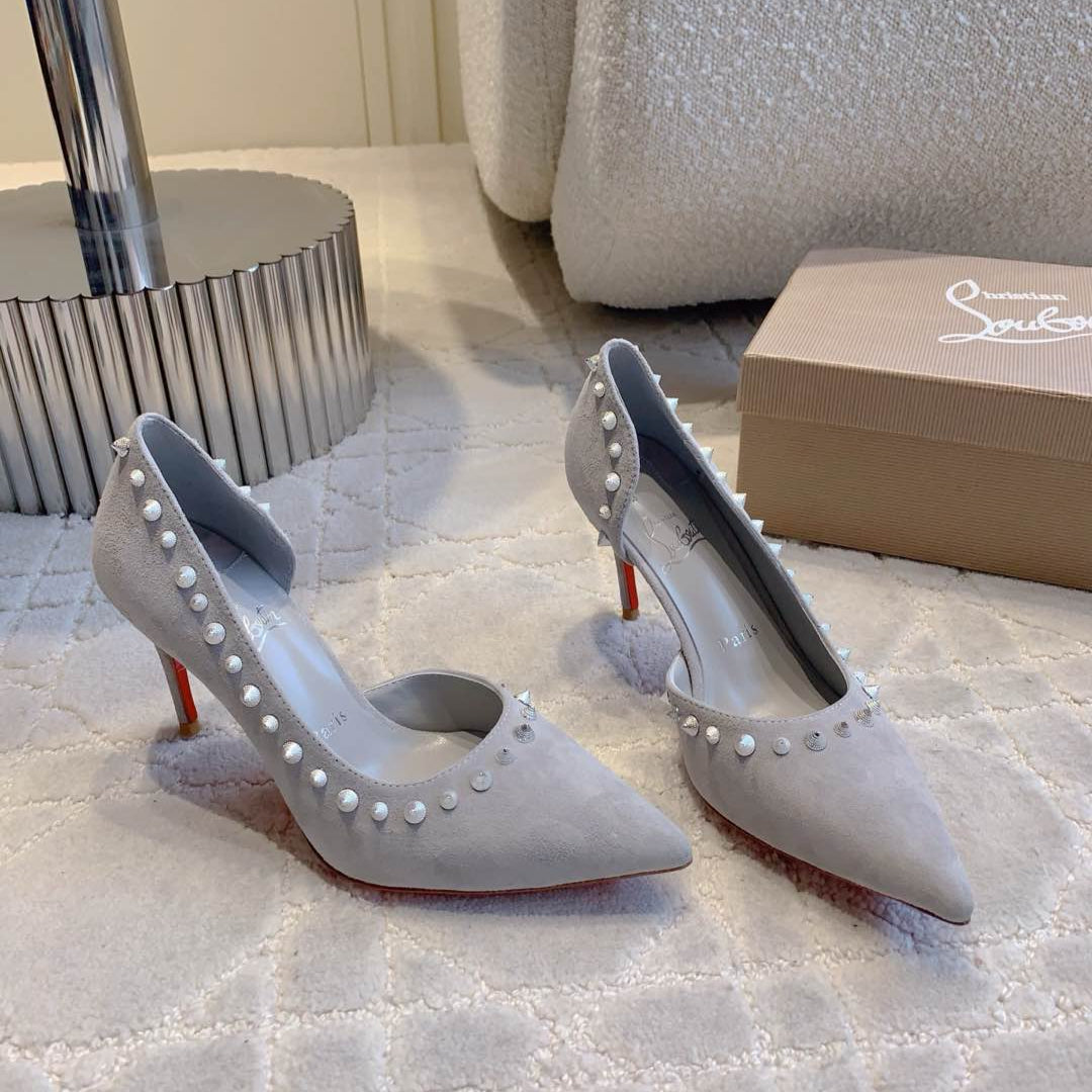 CL  Irishell 85 Studded d'Orsay Pumps Light Pewter Suede 177129