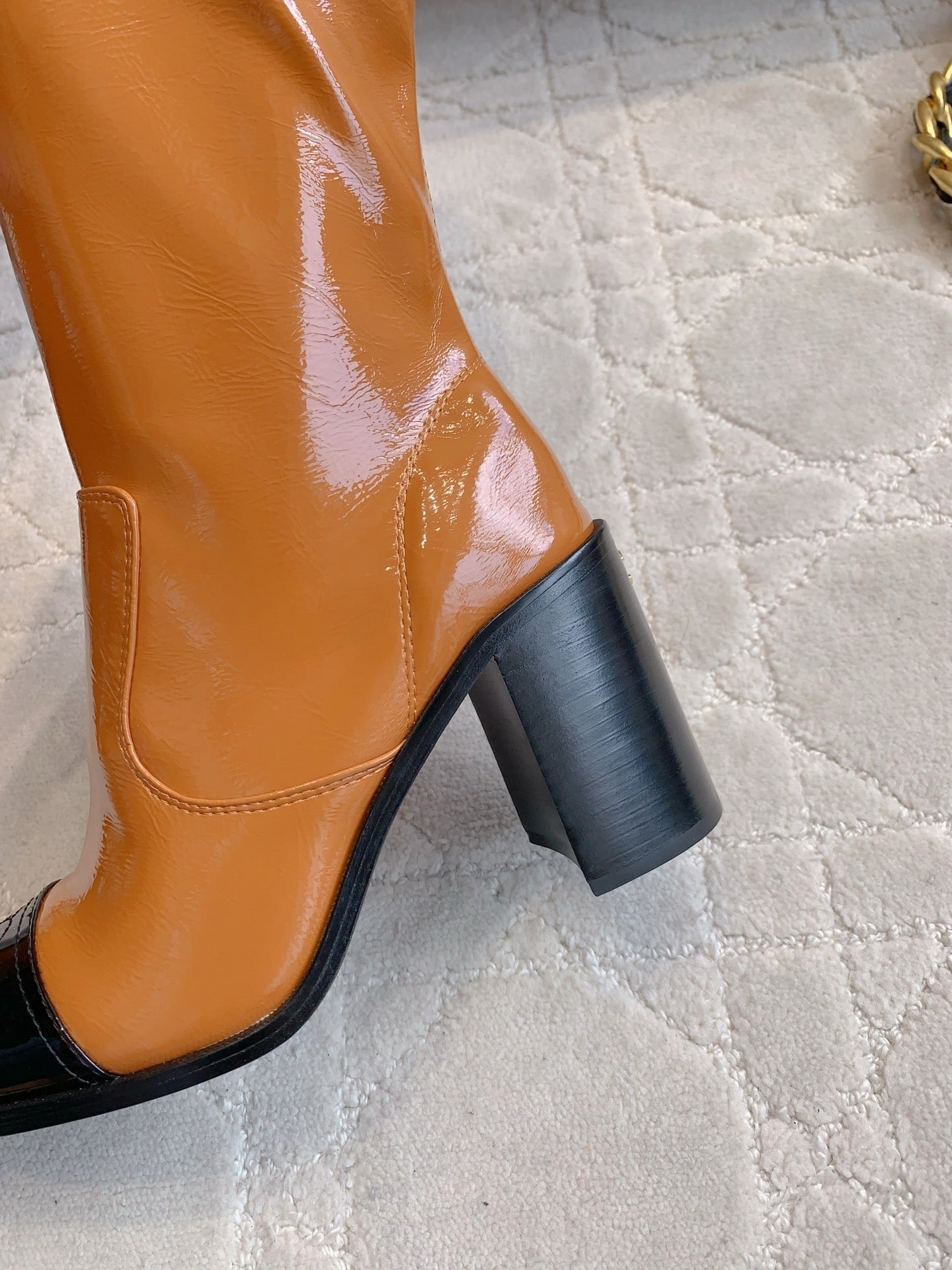 CC 25 Heeled Long Boot Caramel Brown mix Black Patent Leather 516682