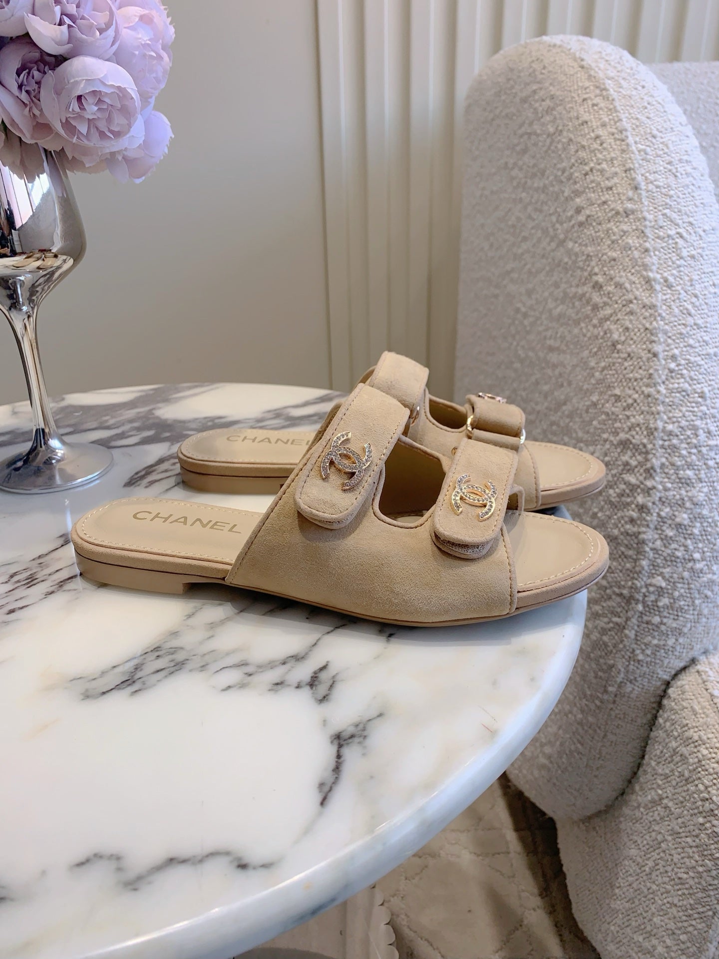 Chanel 2026 Rhinestone Buckle Flat Sandal Suede Lambskin 850851