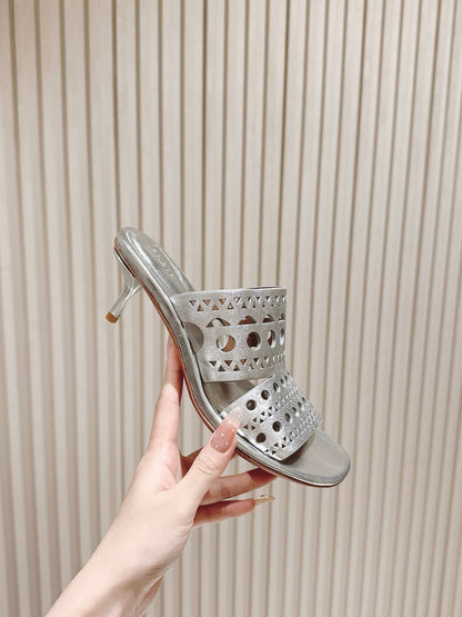 Alaia 2025 Vienne Cutout Kitten-Heel Slide Sandals Silver Leather 293647