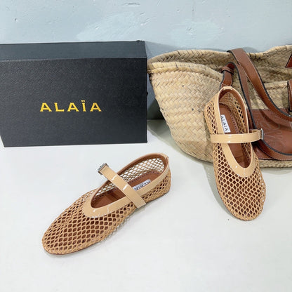 Alaia 25 Laminated Fishnet Ballet Flats Fawn Lambskin 621833