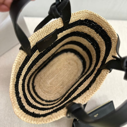 Celine Teen Supple Classic Panier 22cm Black Calfskin Black Beige Raffia