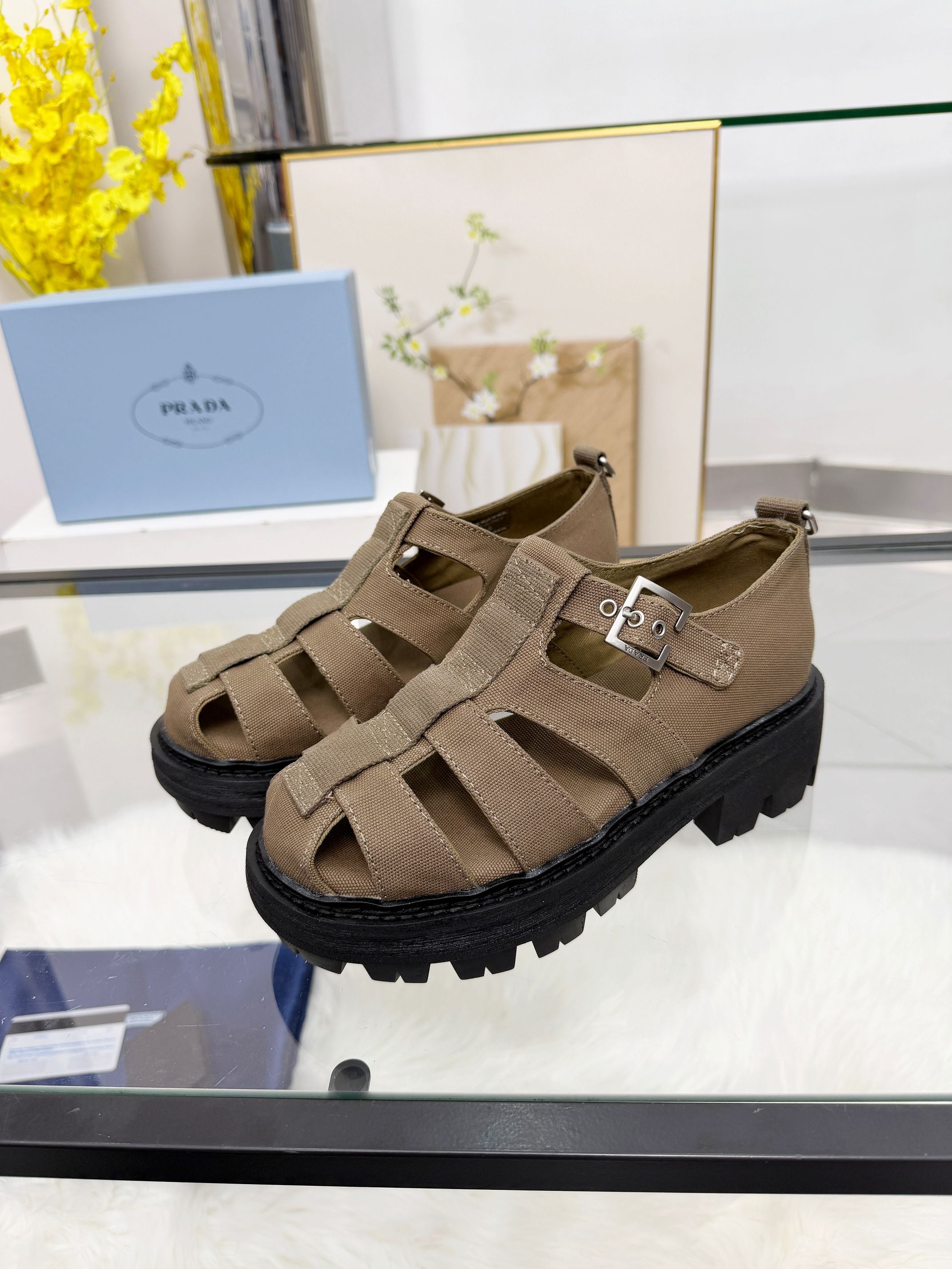 Prada 2026 Sandal Tan Black Fabric Rubber 715625