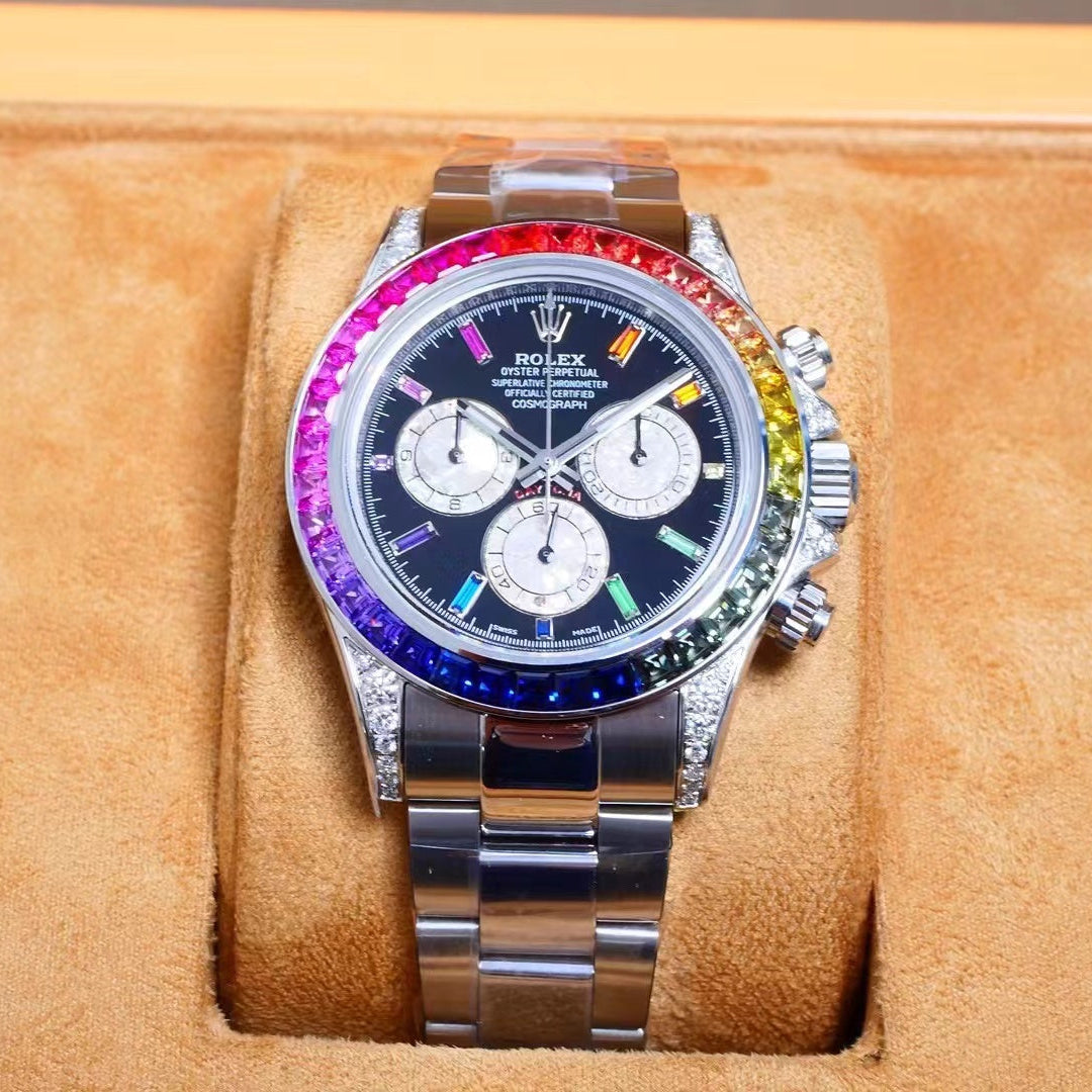 Rolex Daytona 40mm Stainless Steel Rainbow Case Black Dial