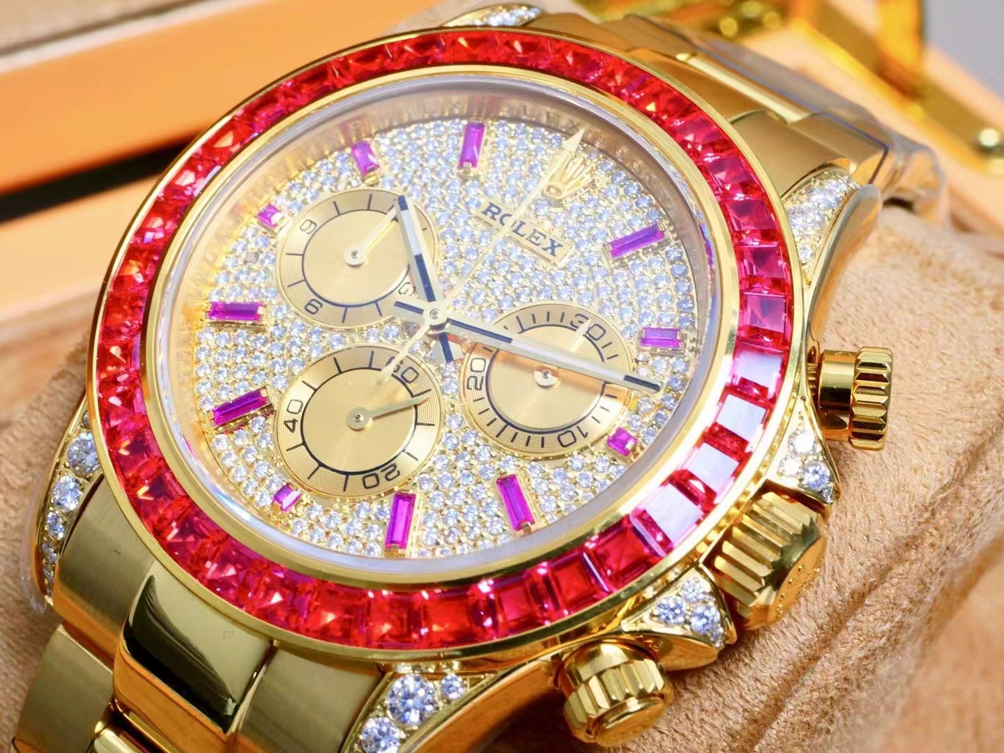 Rolex Daytona 40mm Gold Case Red Diamond Case Diamond Dial
