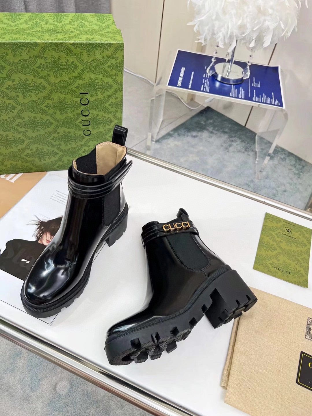 GG ankle boots  black cowhide gold buckle