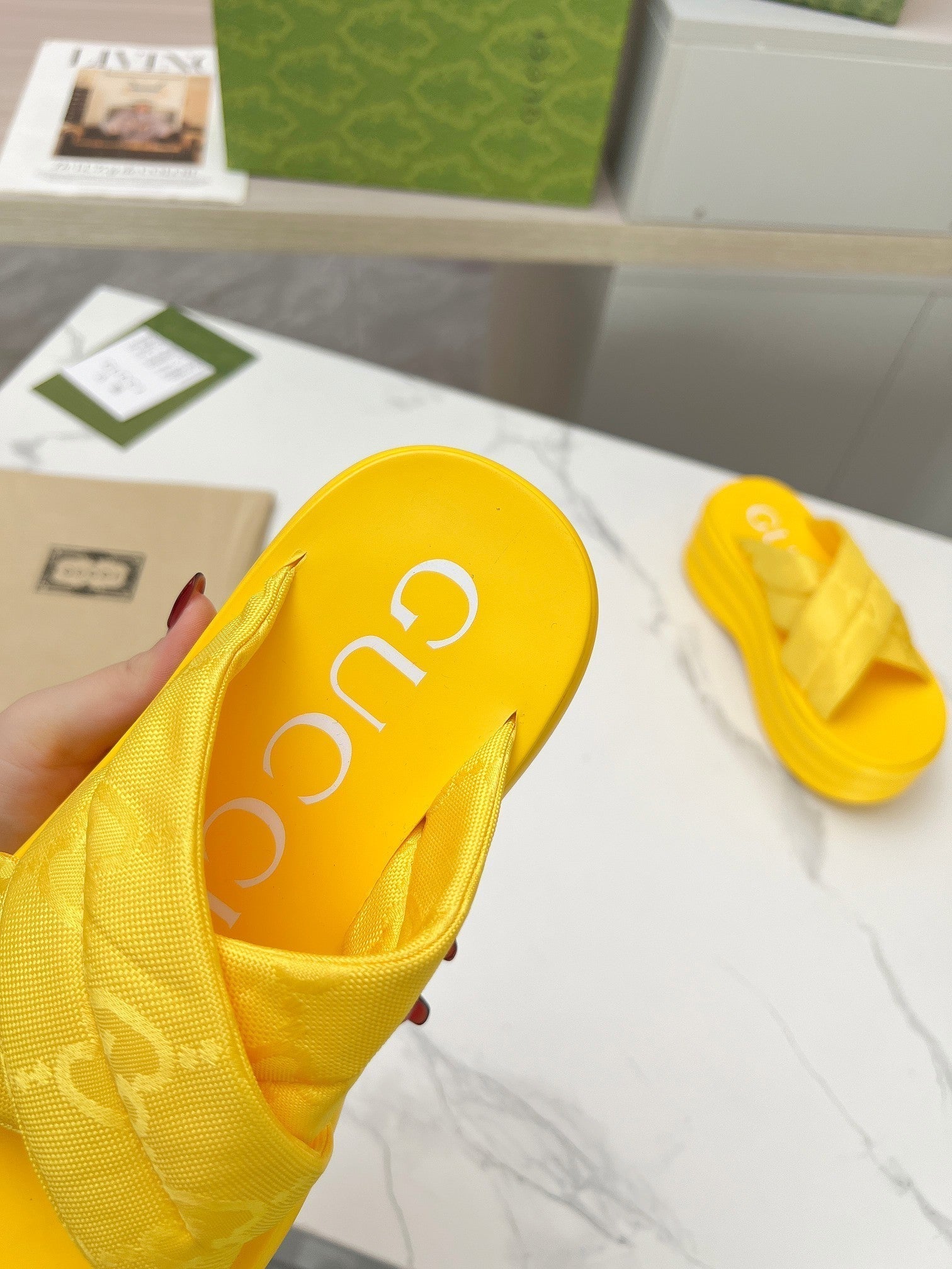 GG waterproof platform slippers yellow fabric