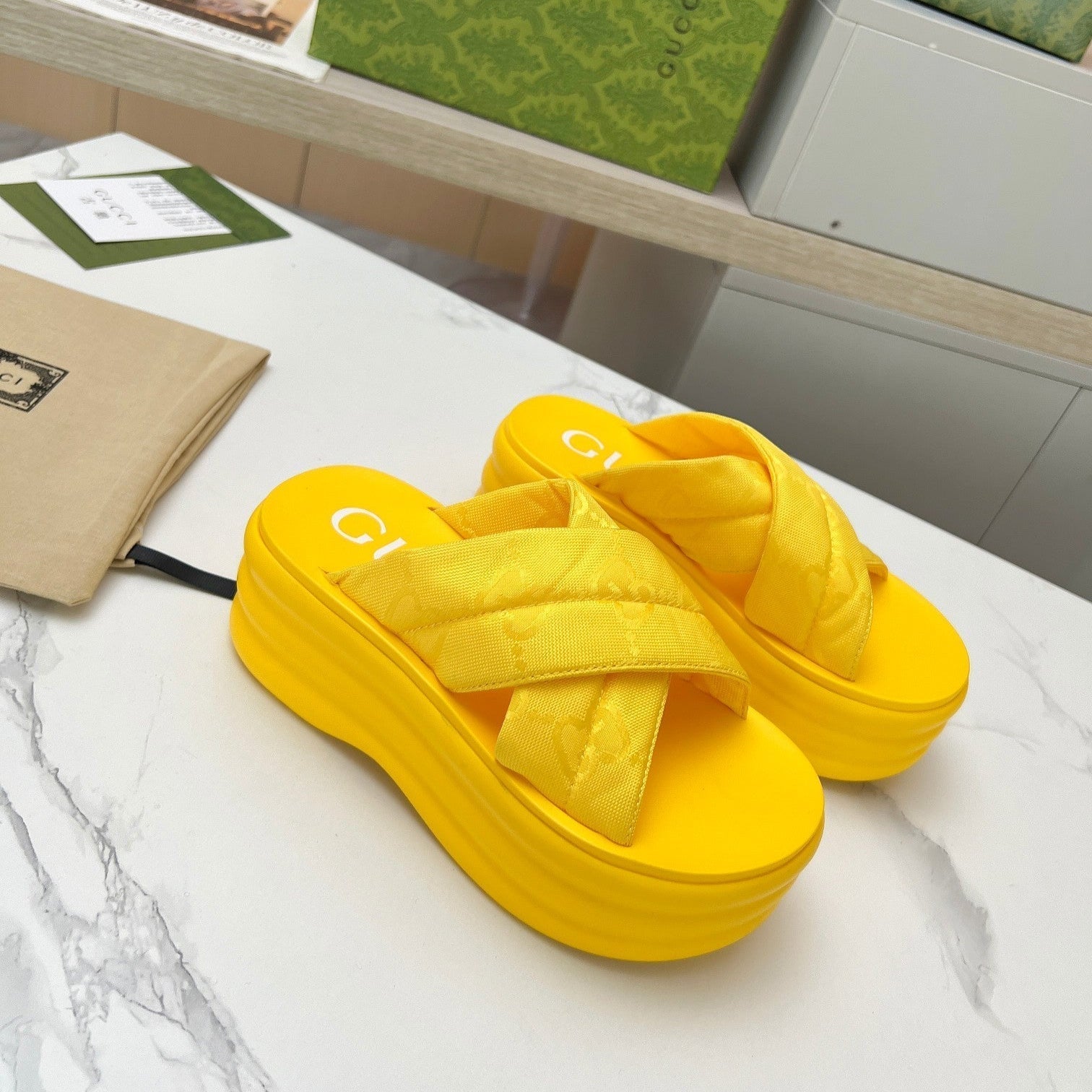 GG waterproof platform slippers yellow fabric
