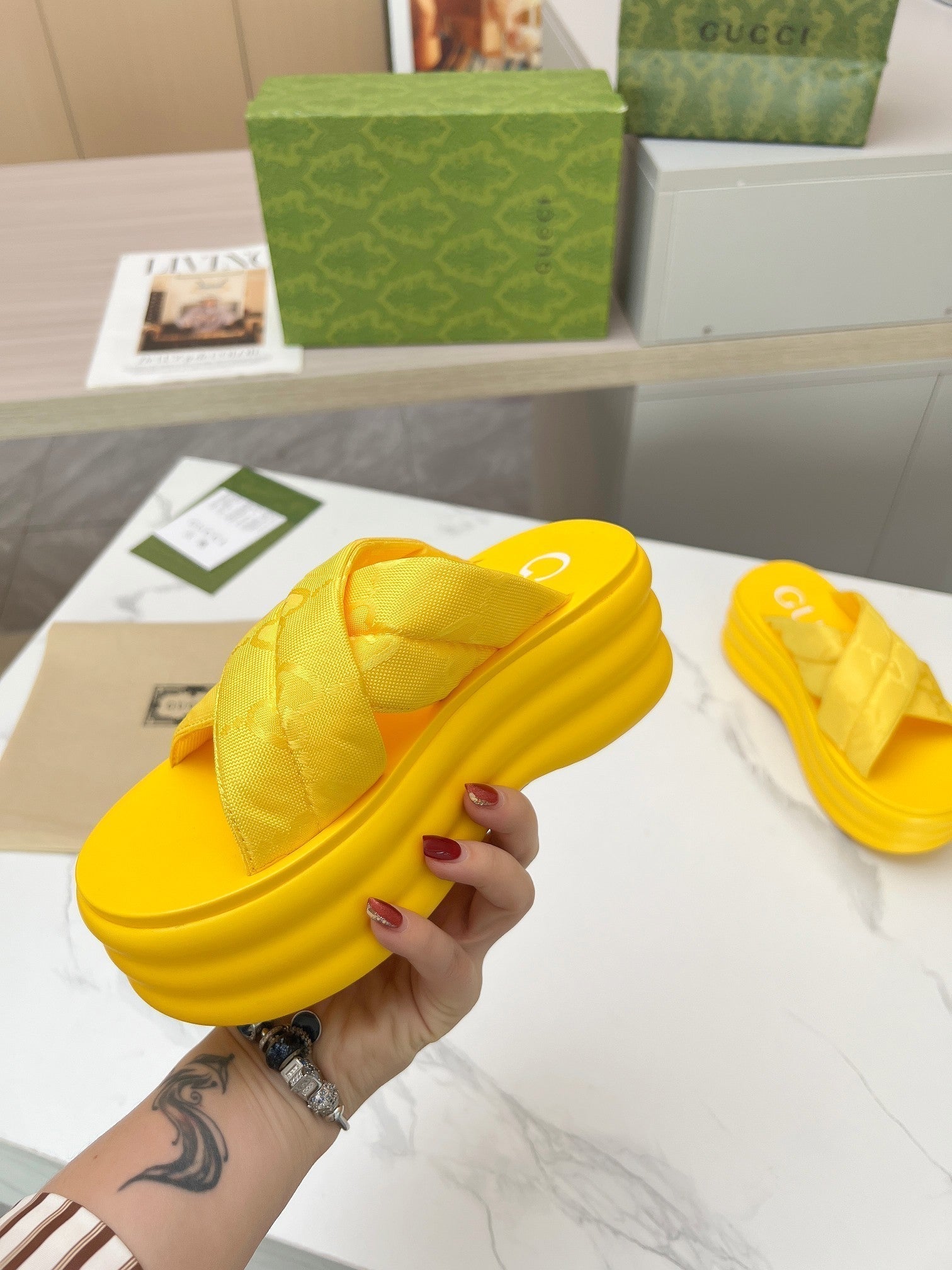 GG waterproof platform slippers yellow fabric
