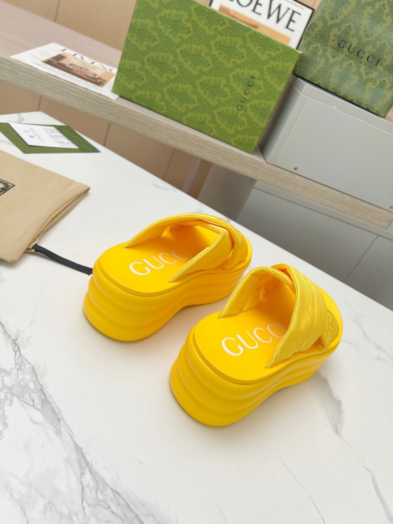 GG waterproof platform slippers yellow fabric