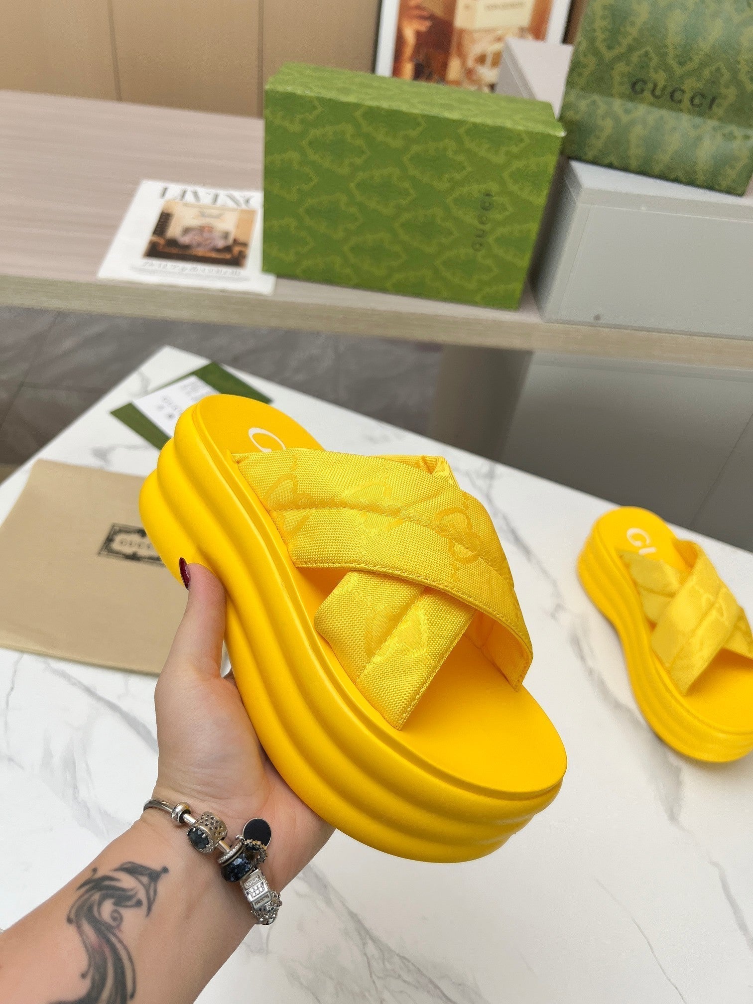 GG waterproof platform slippers yellow fabric
