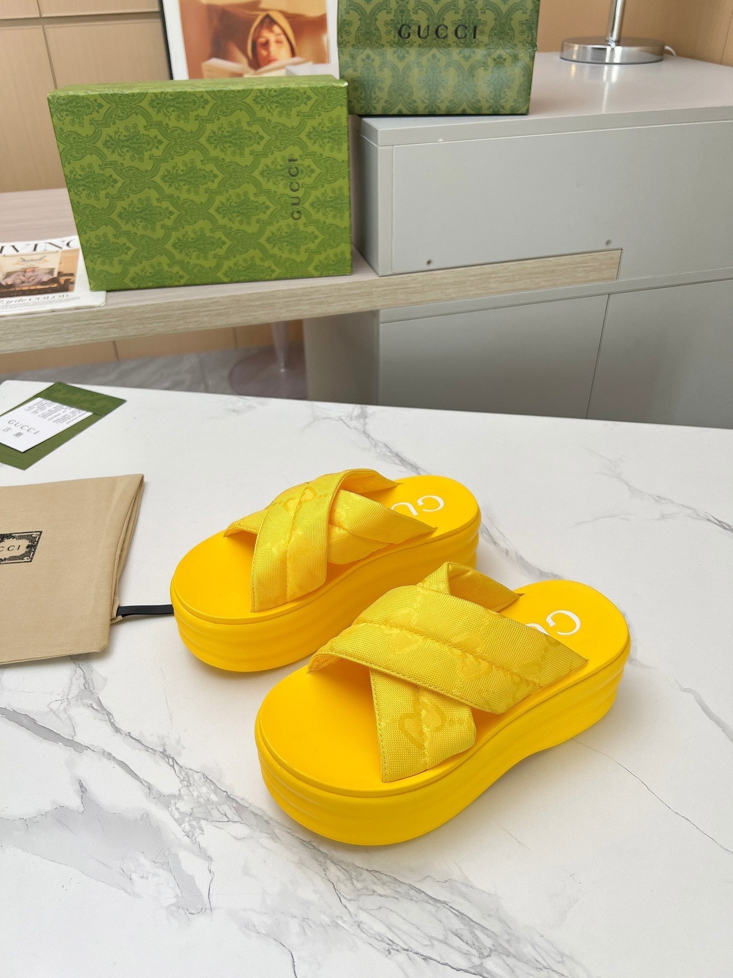 GG waterproof platform slippers yellow fabric