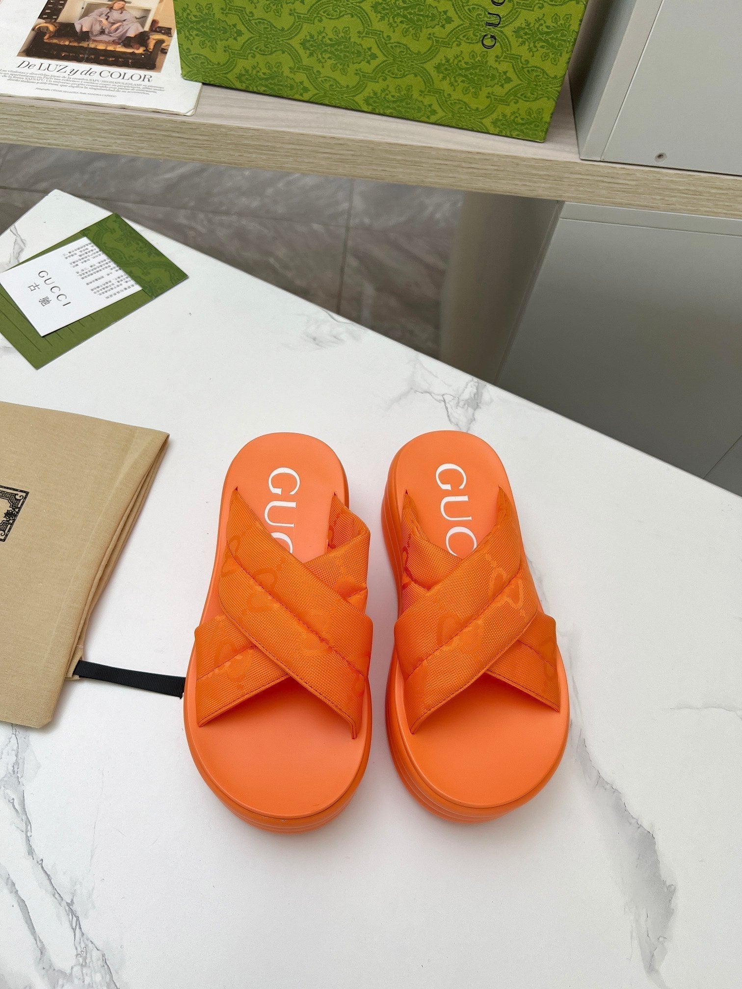 GG waterproof platform slippers orange fabric