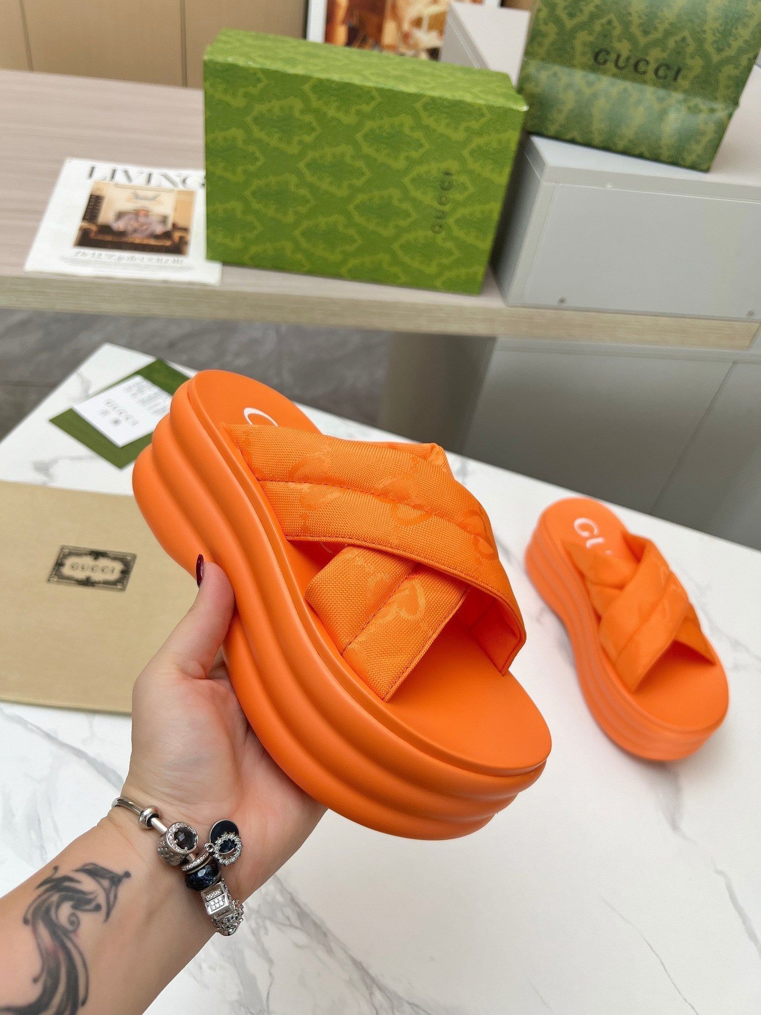 GG waterproof platform slippers orange fabric