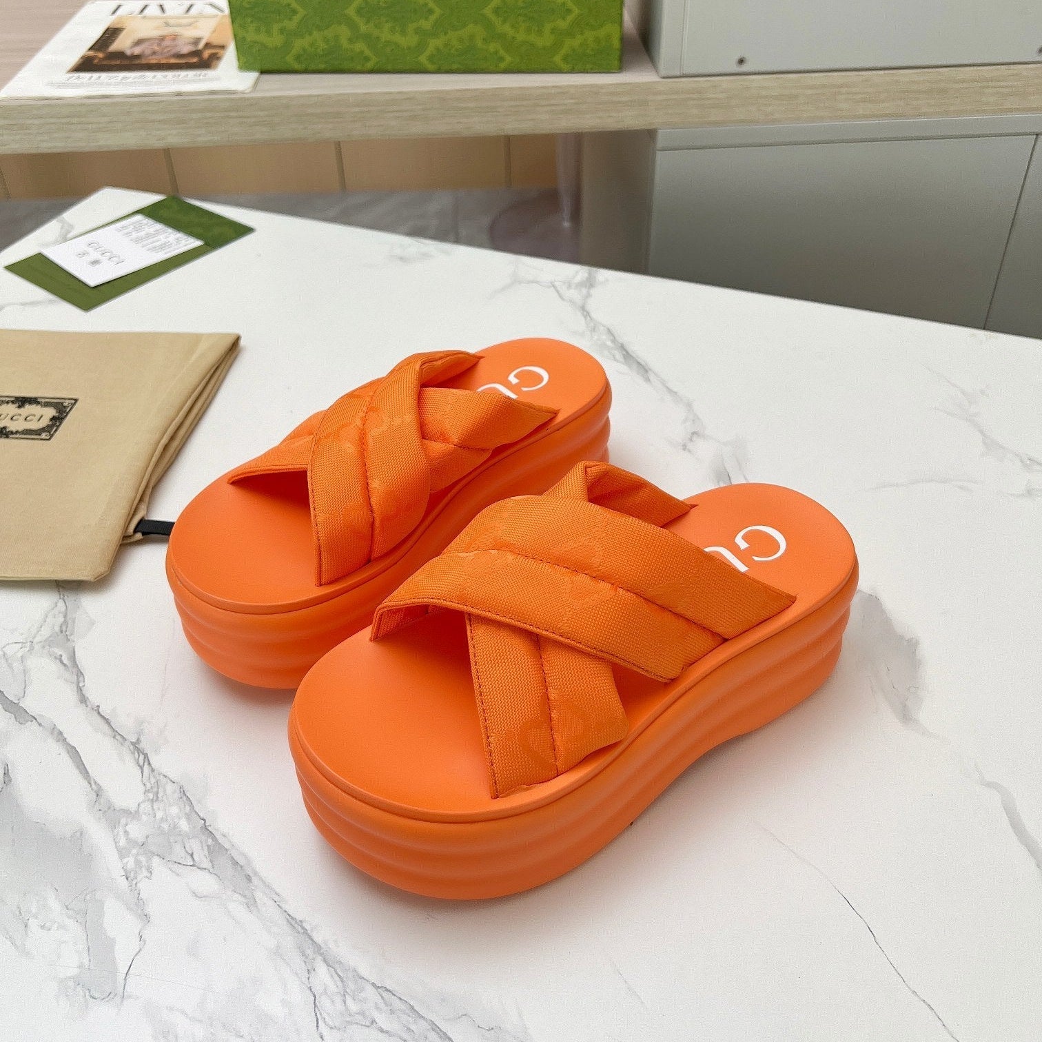 GG waterproof platform slippers orange fabric