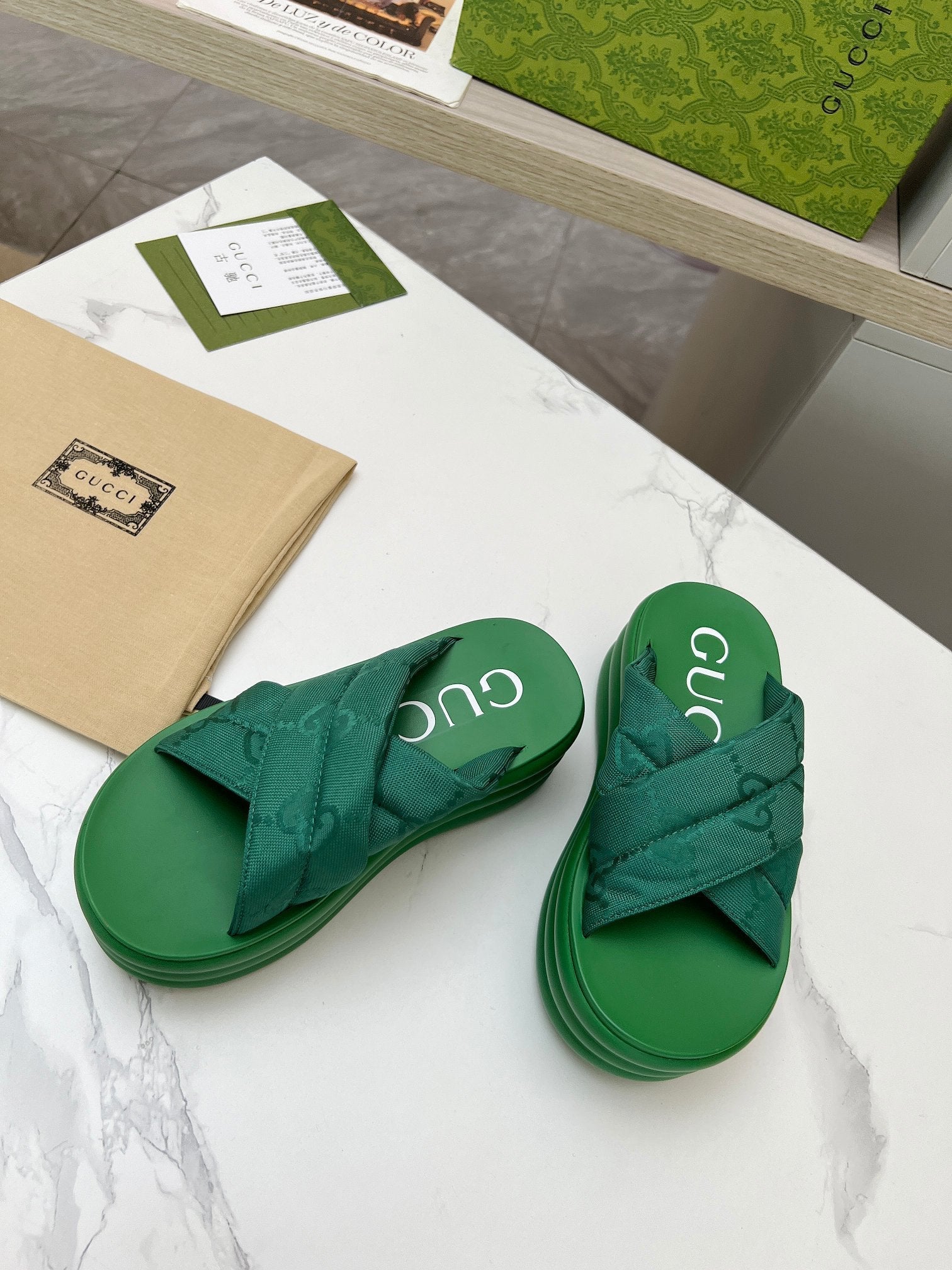 GG waterproof platform slippers green fabric