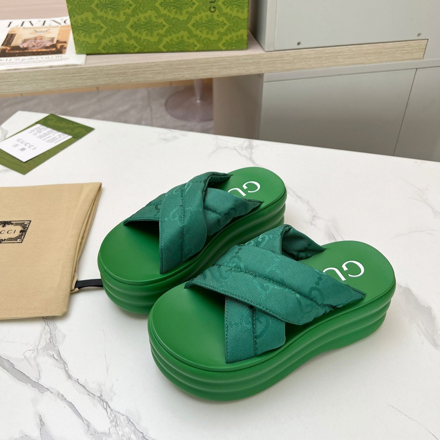 GG waterproof platform slippers green fabric