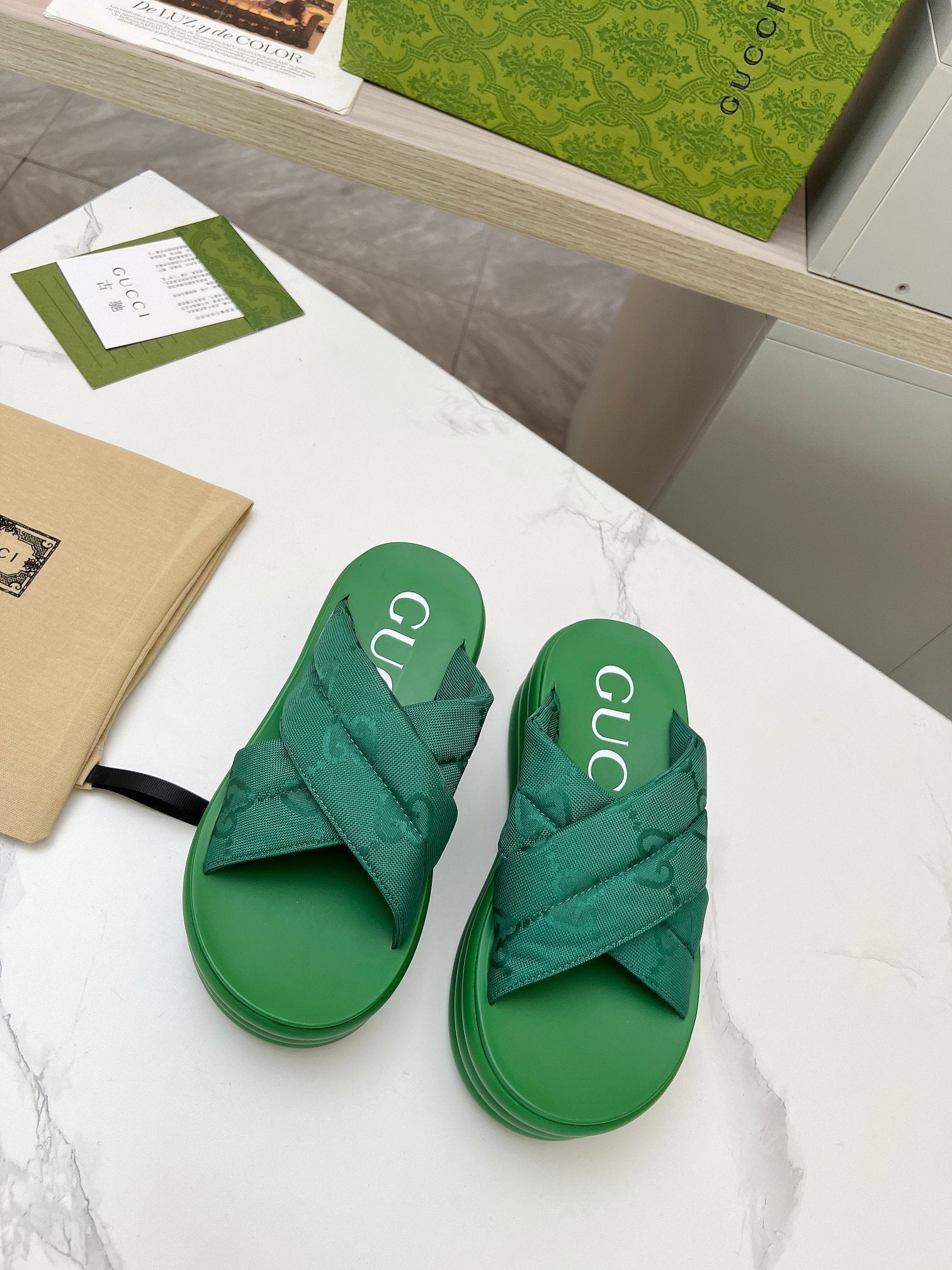GG waterproof platform slippers green fabric