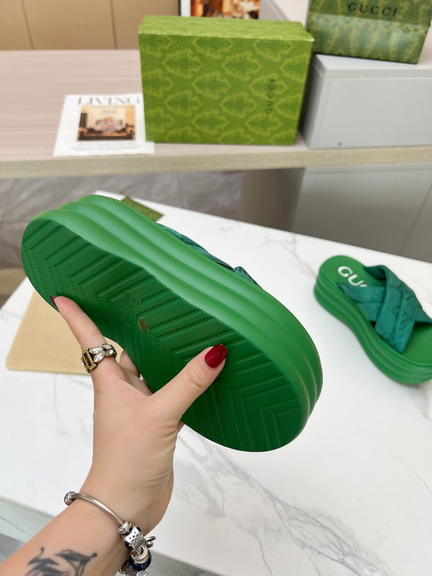 GG waterproof platform slippers green fabric