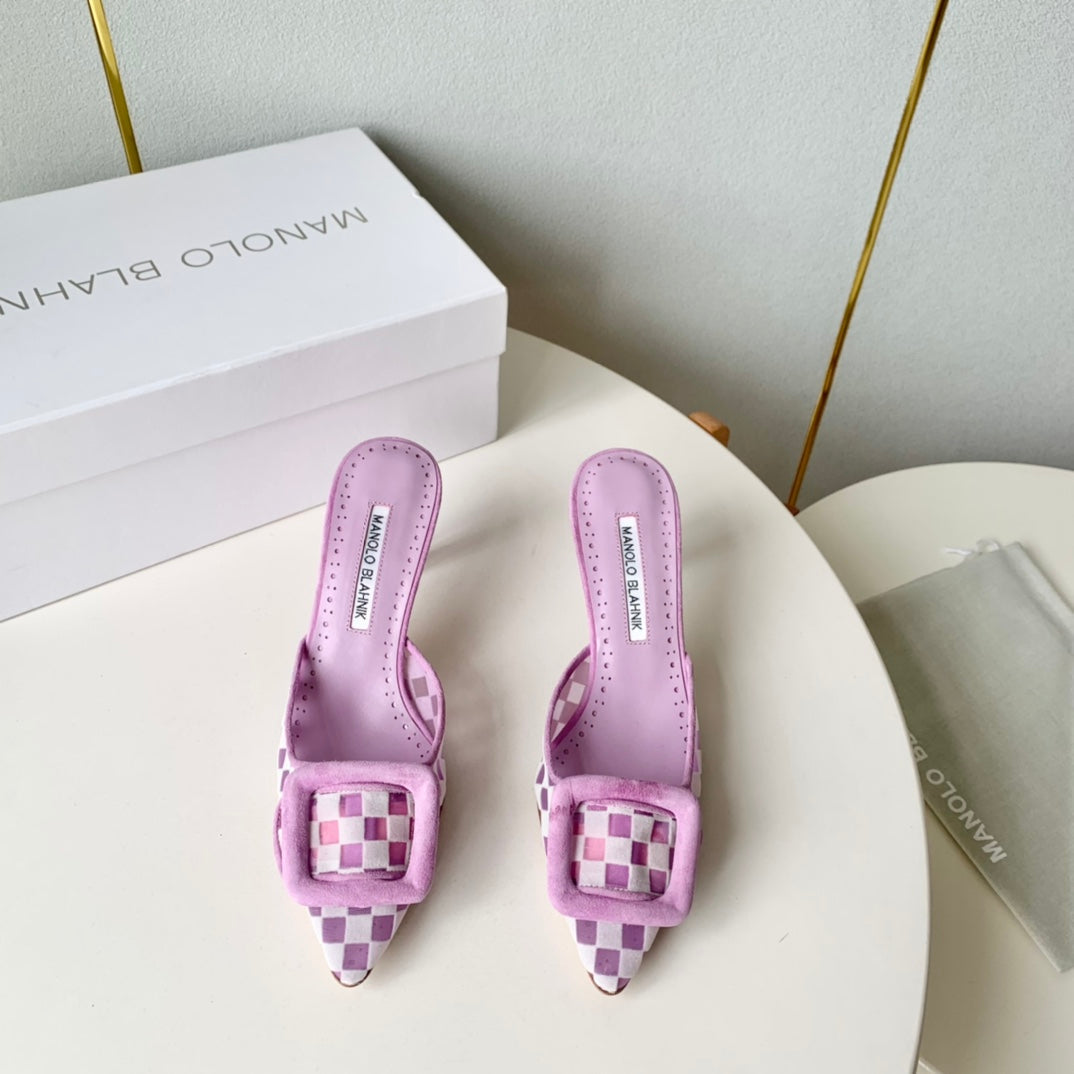 Manolo Mules 7cm Purple Fabric Leather  528012