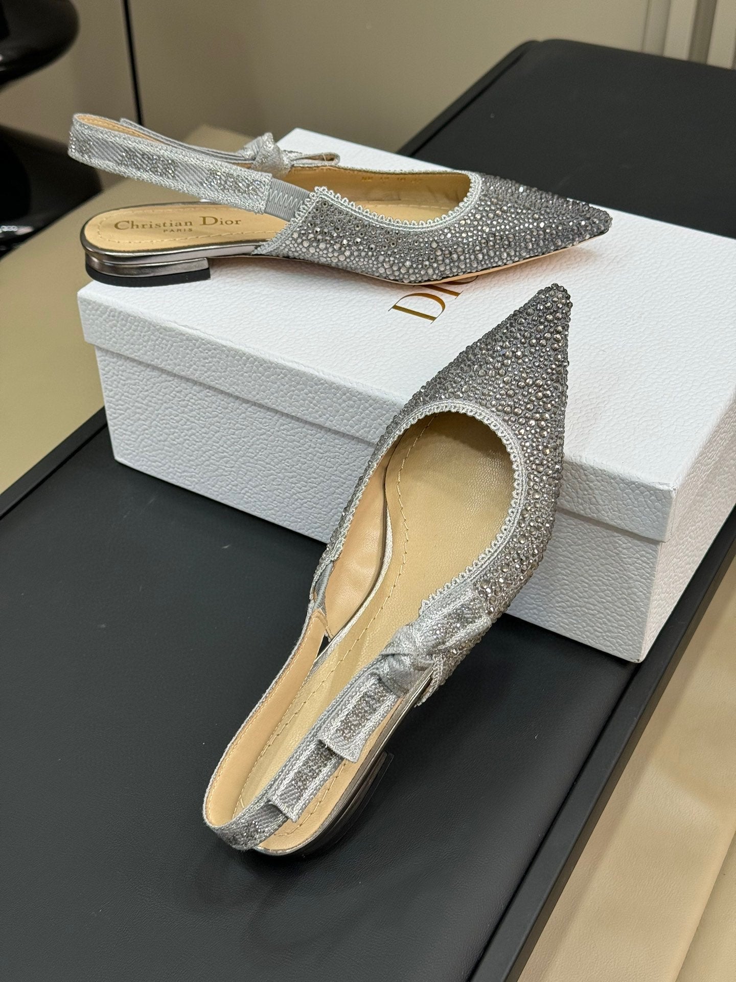 J'Adior Slingback Black Silver-tone Cotton Microbeads